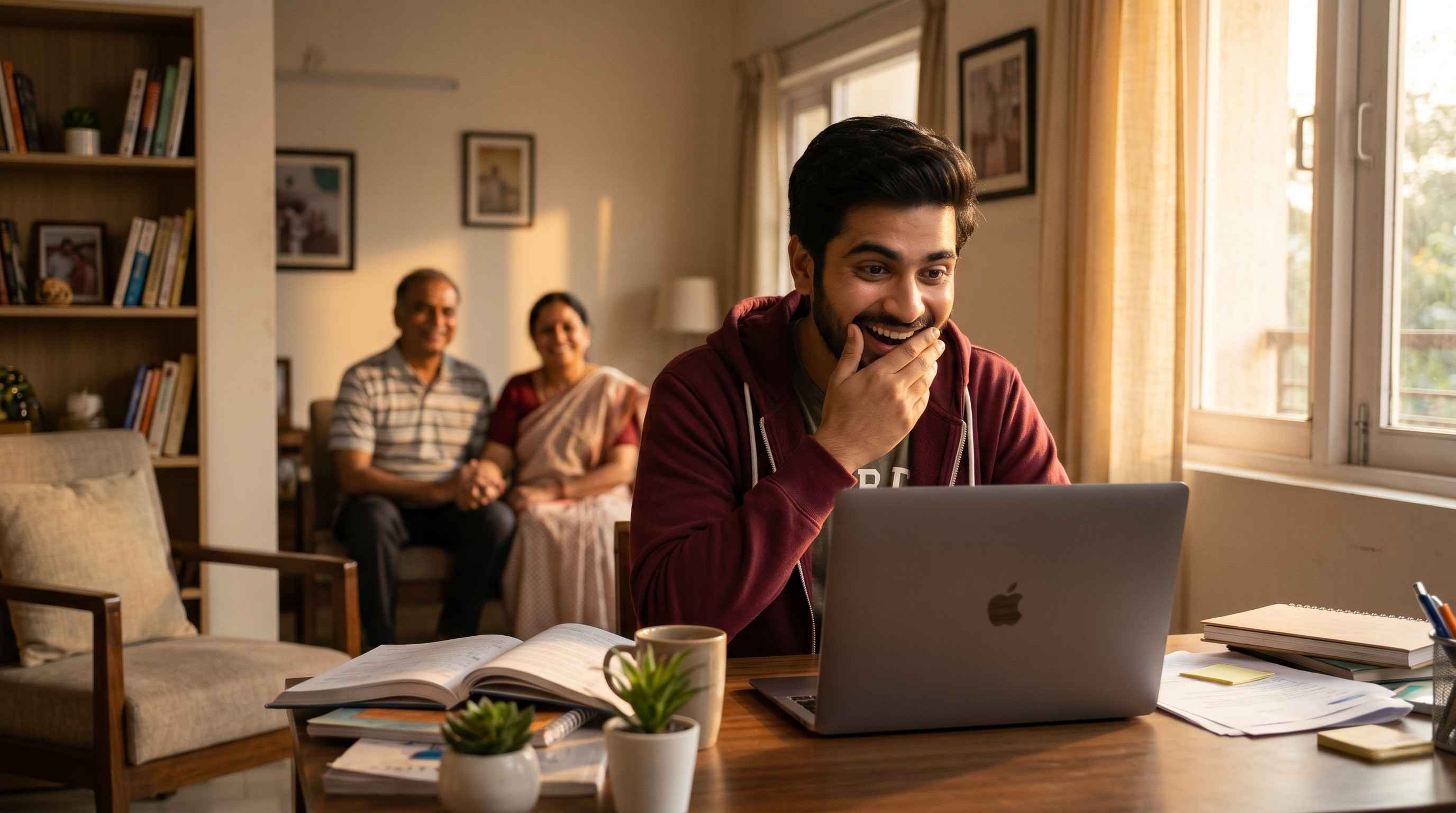 Excited Indian student receiving an acceptance email on a laptop, family celebrating in the background