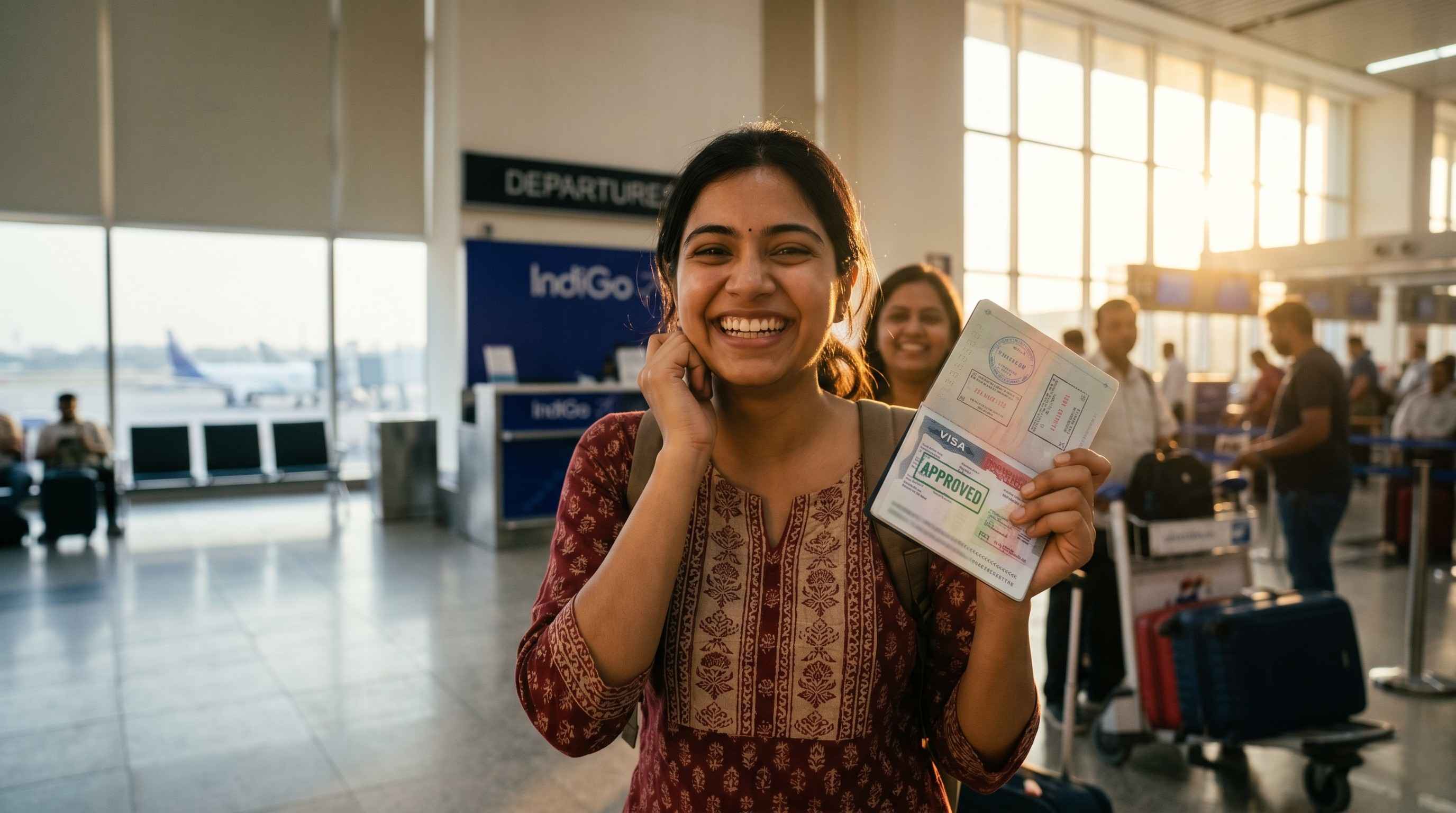 Happy young Indian person holding an approved passport with visa stamp, with airport or boarding pass elements in the background