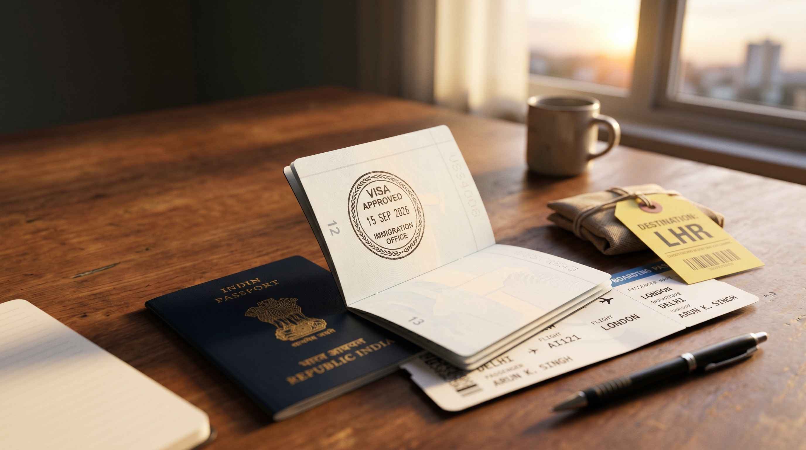 Indian passport open to a freshly stamped visa page, with boarding pass and luggage tag in the background suggesting imminent departure
