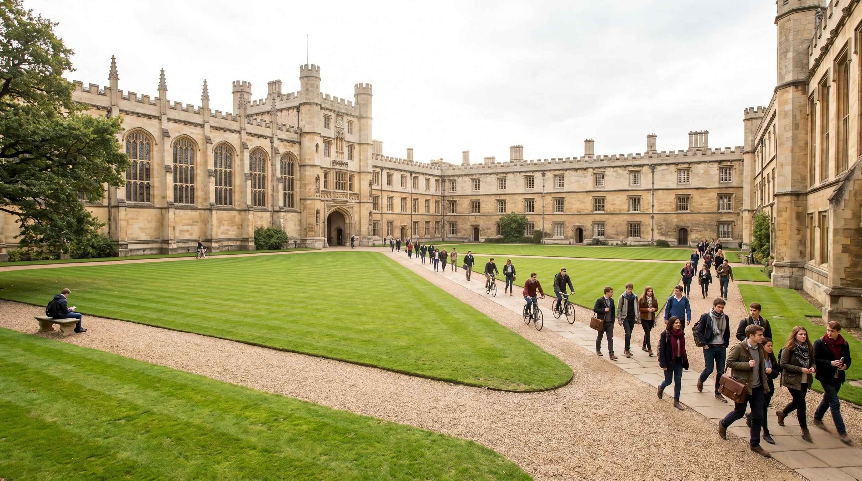 Students walking through a historic UK university quad