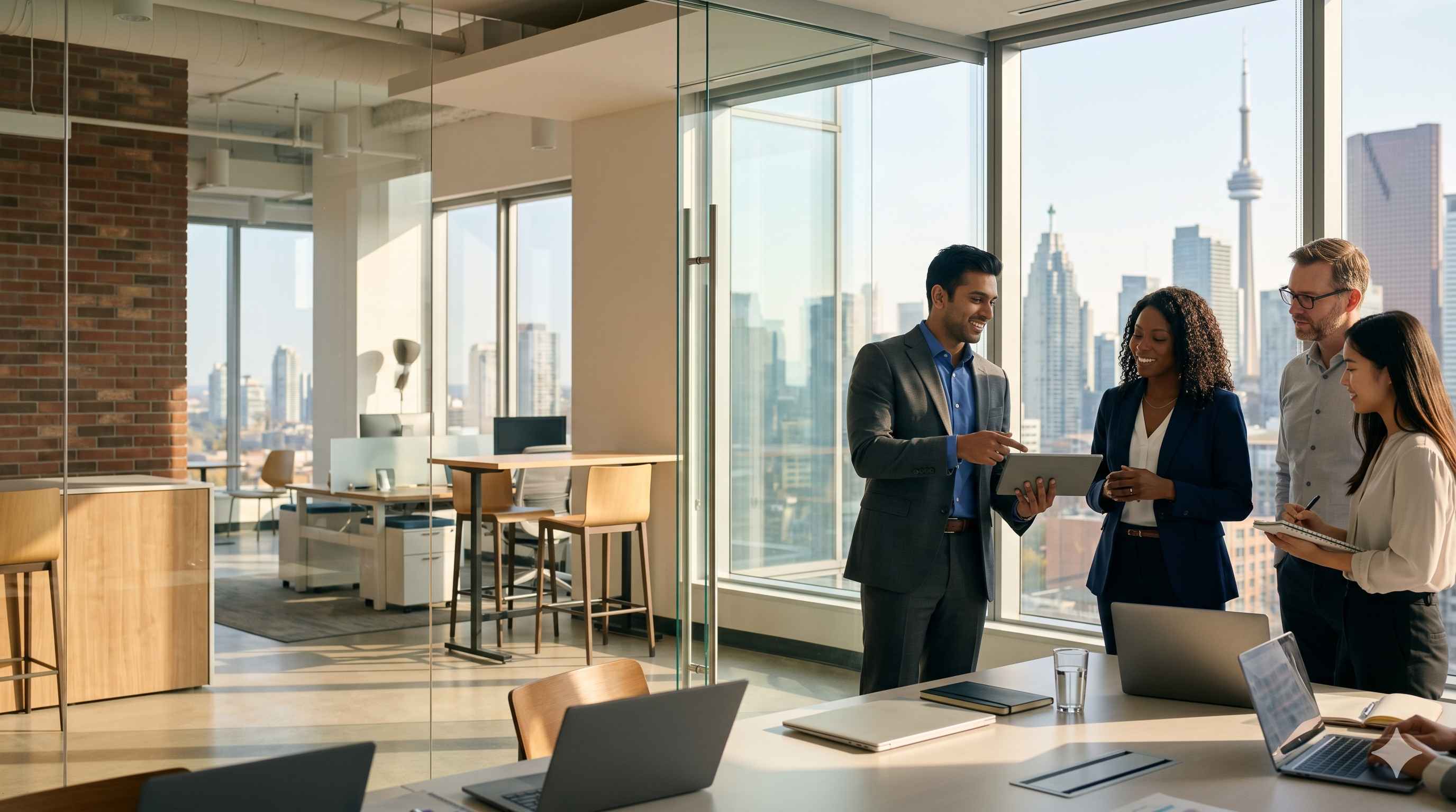 Young Indian professional working in a modern Canadian office after graduation