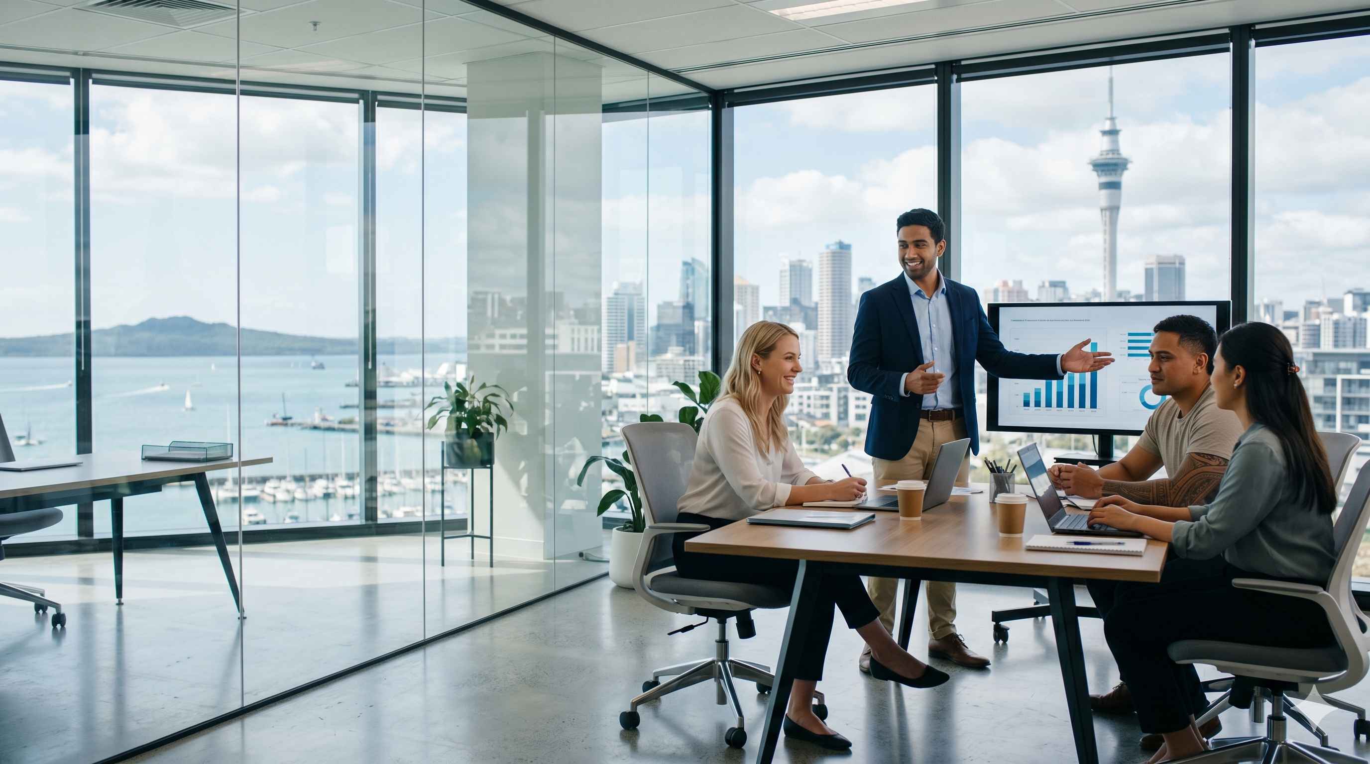 Young Indian professional working in a modern Auckland office after graduation