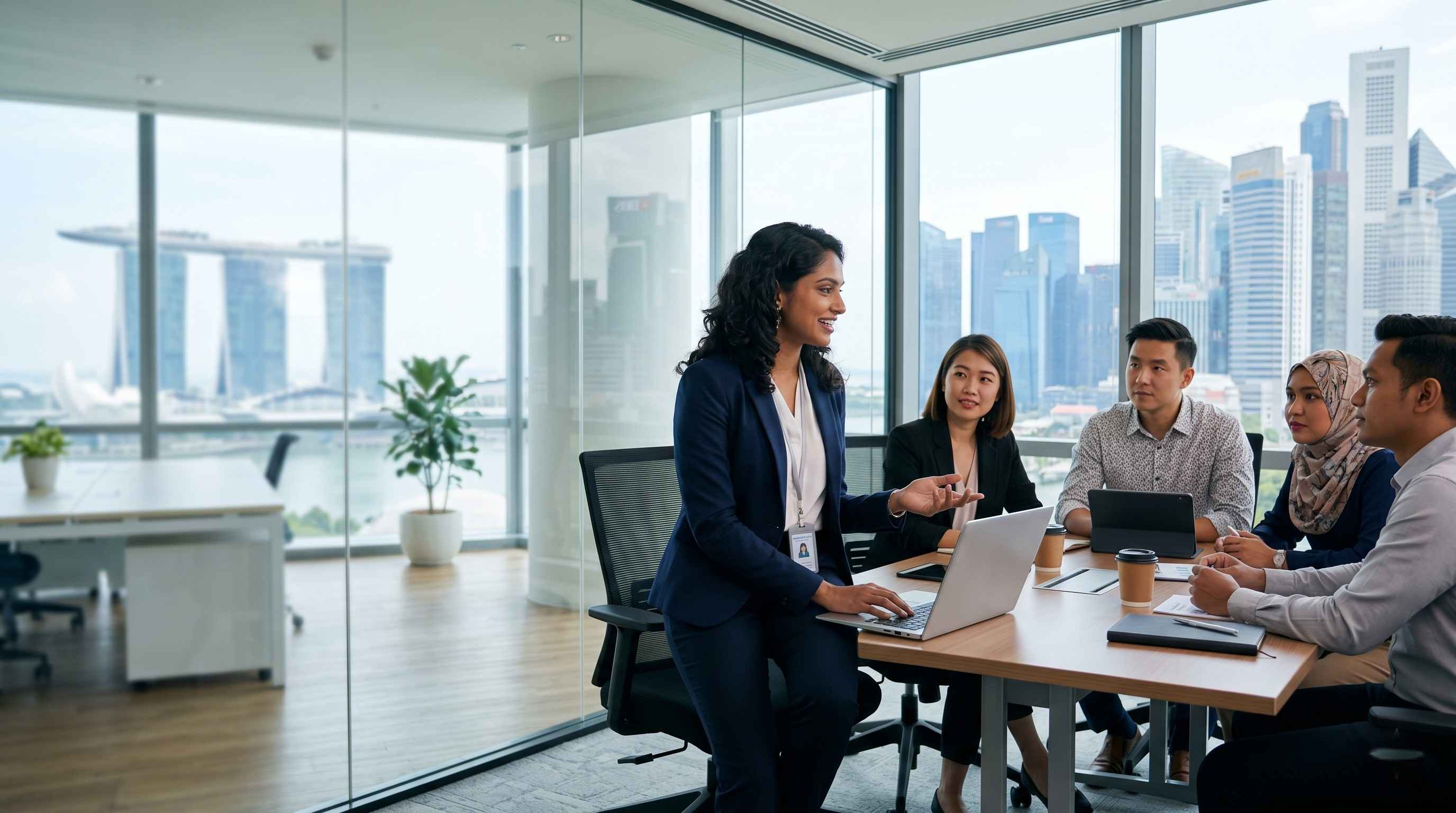 Young Indian professional working in a modern Singapore office with Marina Bay skyline