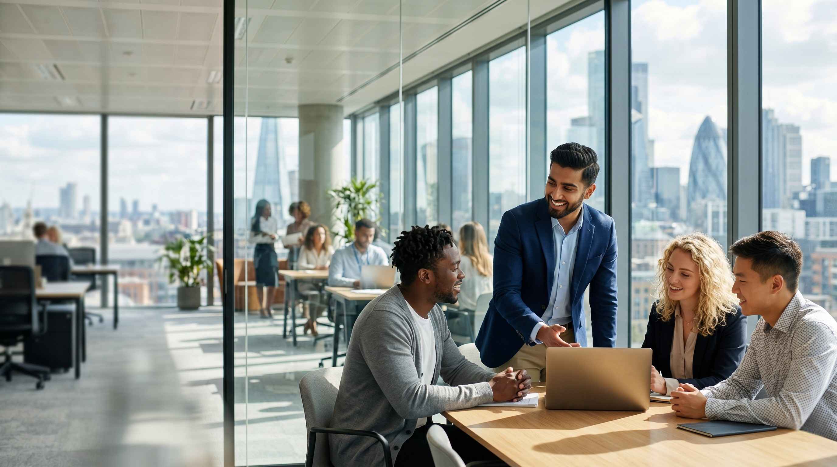 Young professional working in a modern UK office after graduation