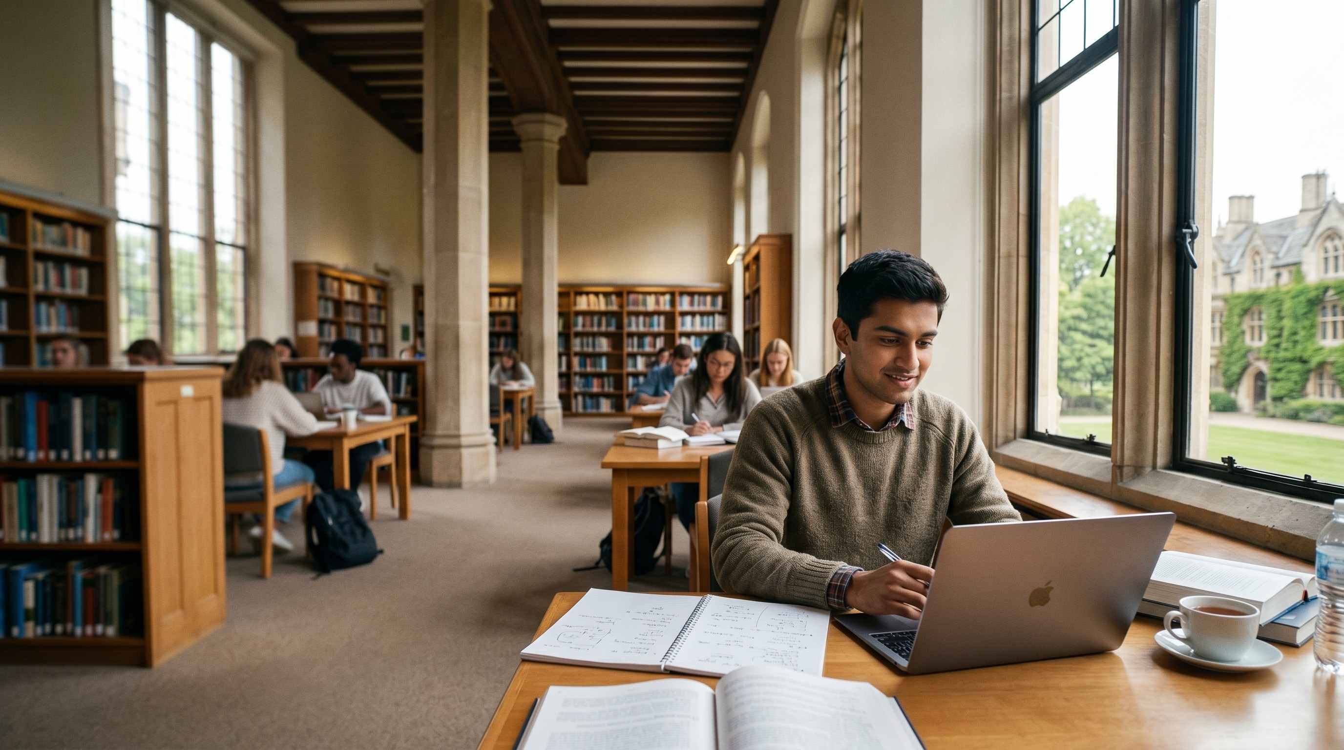 Indian student calmly studying at a university library with a laptop, sense of mental ease after funding is handled