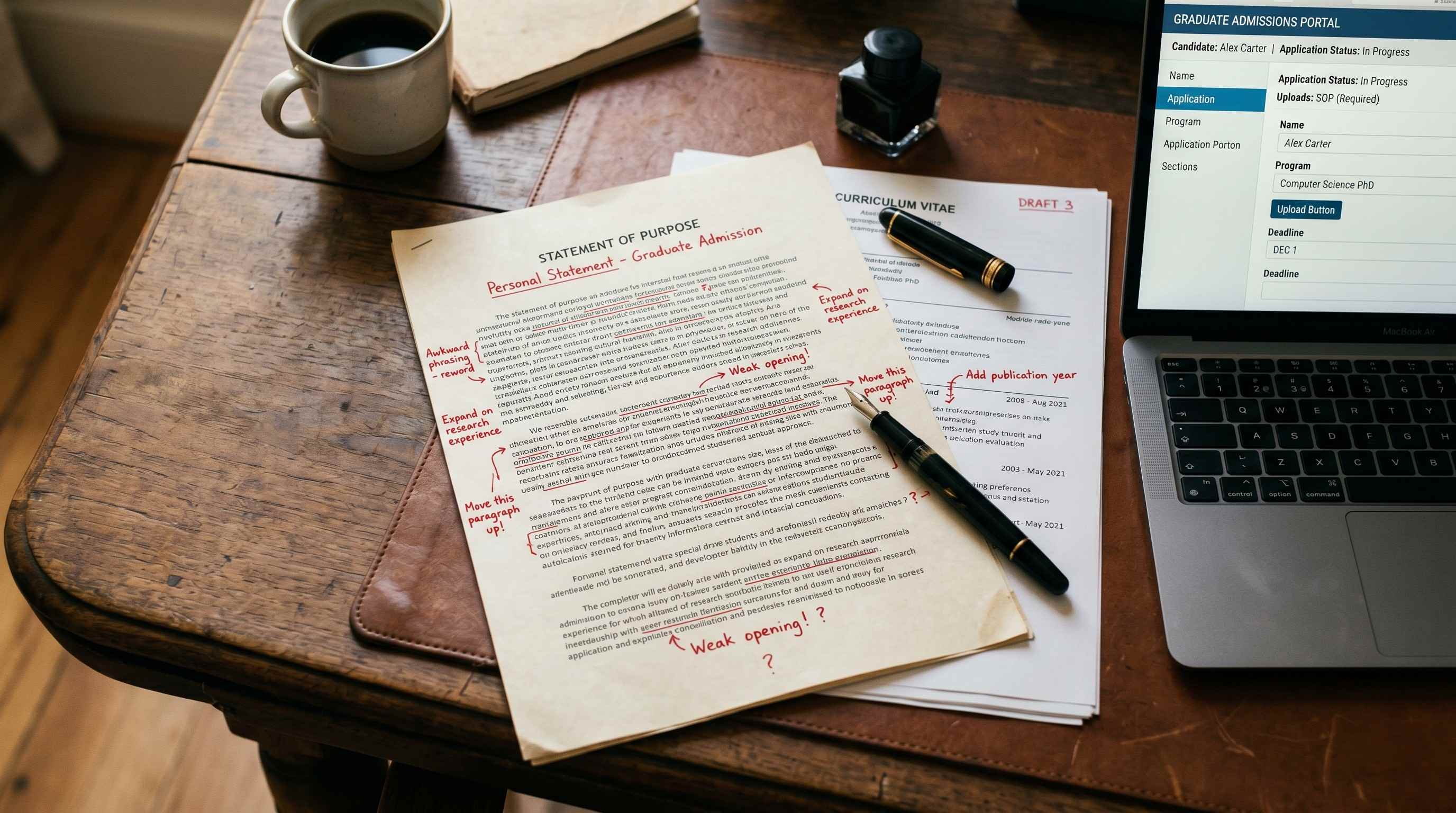 Close-up of an SOP draft on paper with red-ink edits and notes, alongside a laptop showing a university application portal