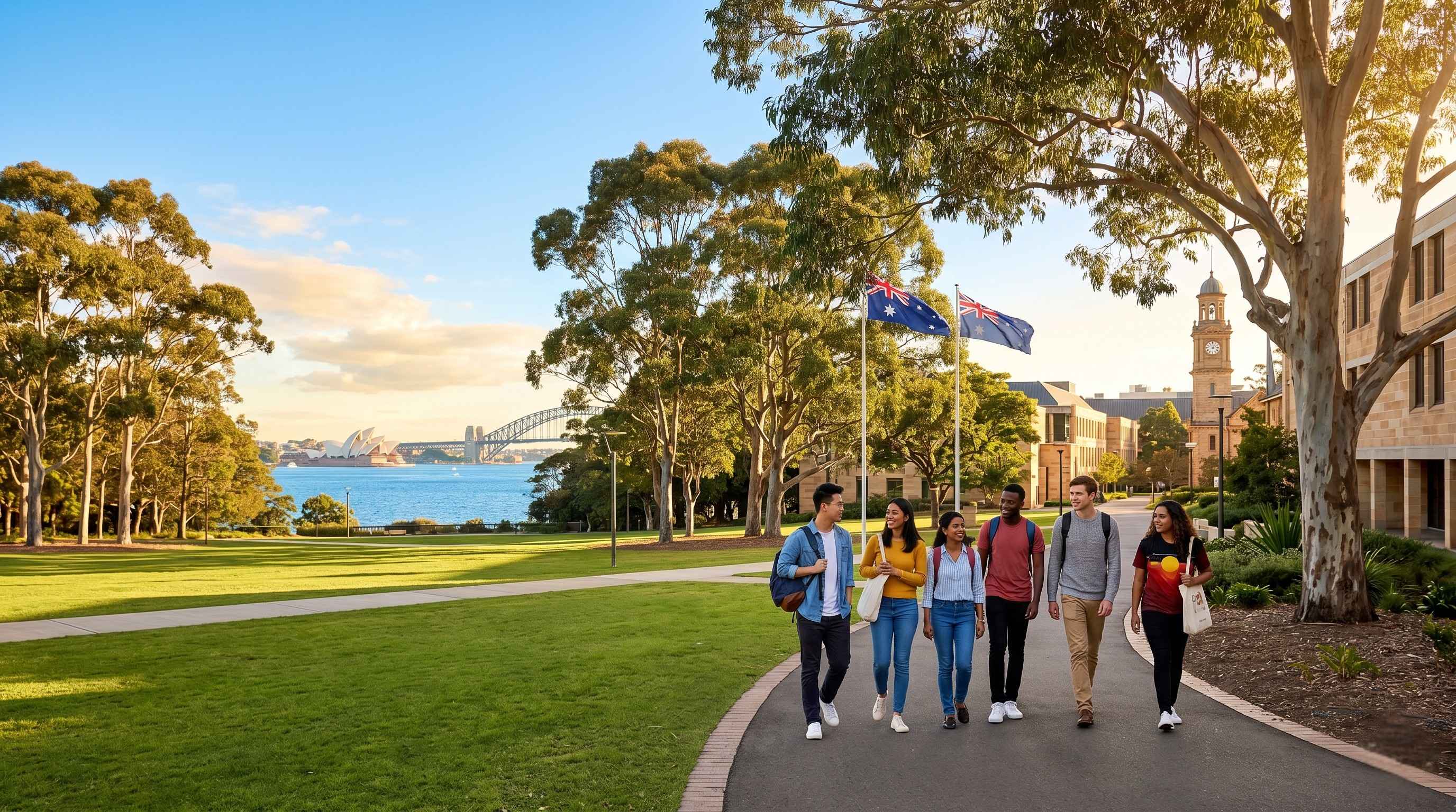 Sunny Australian university campus with students near Sydney Opera House skyline