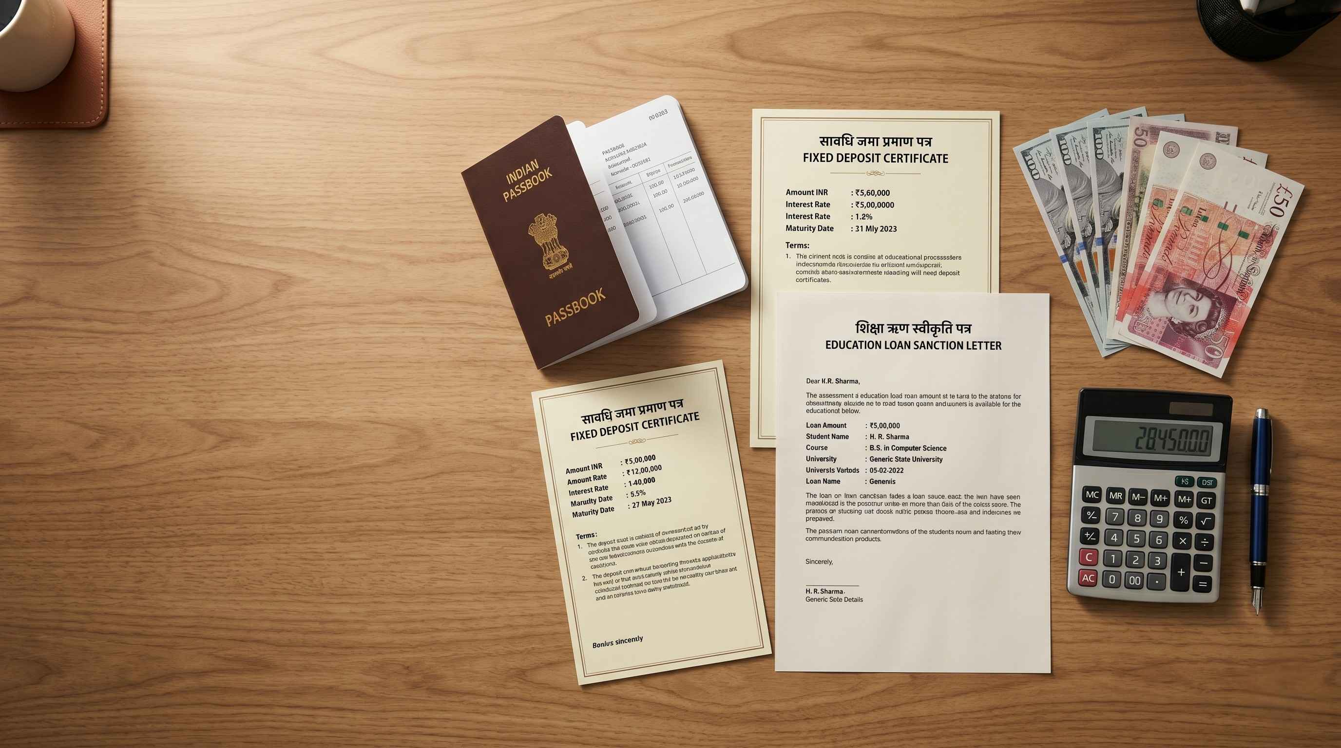 Stack of Indian bank statements, fixed deposit certificates, loan sanction letter, and foreign currency notes on a desk