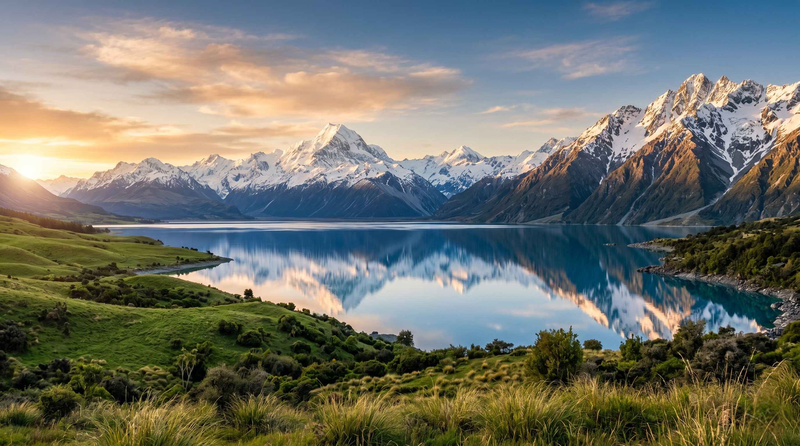 Stunning New Zealand landscape with snow-capped mountains, blue lake, and a university campus visible in the foreground