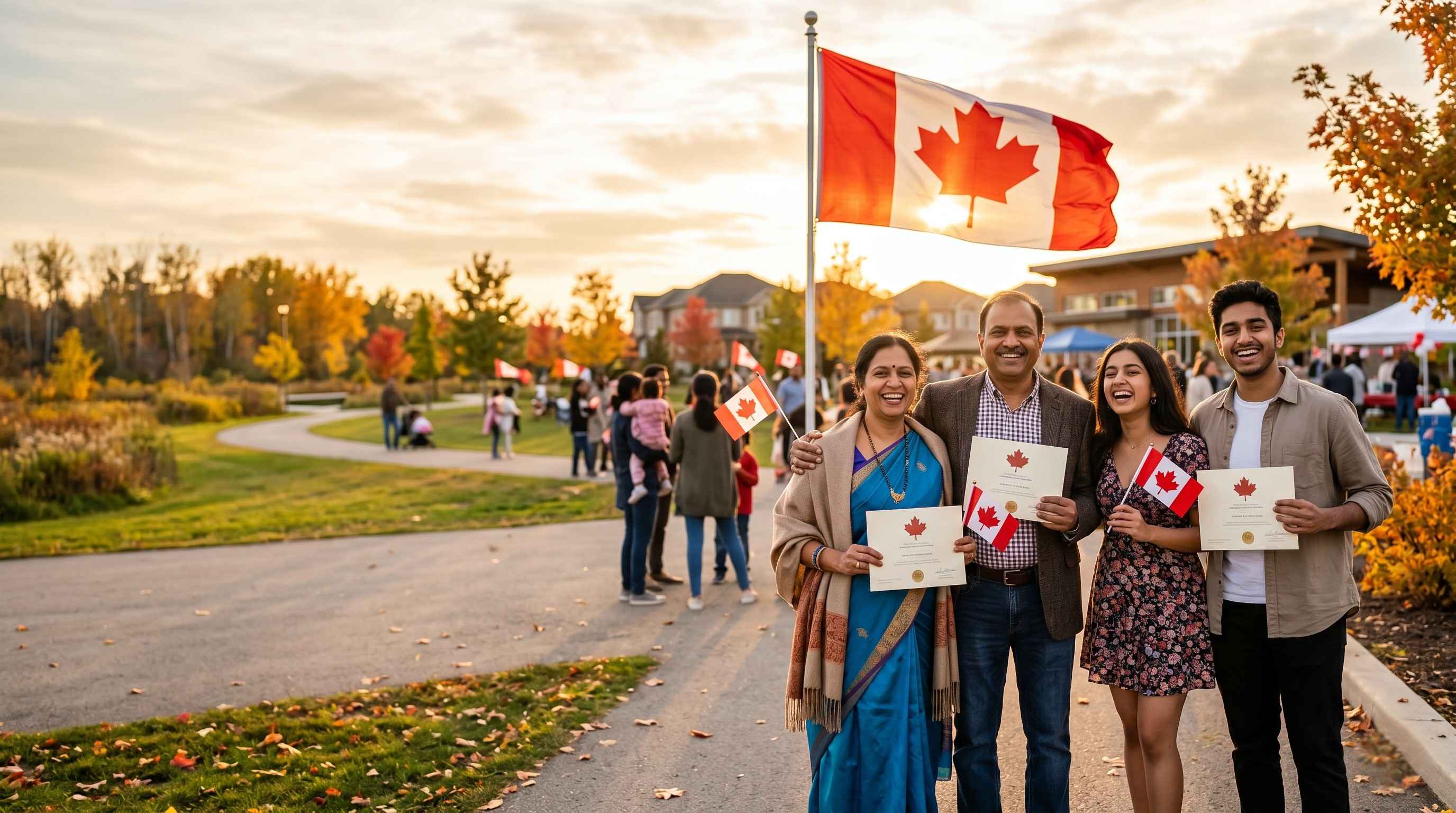 Multicultural Indian family celebrating Canadian permanent residency with maple leaf flag