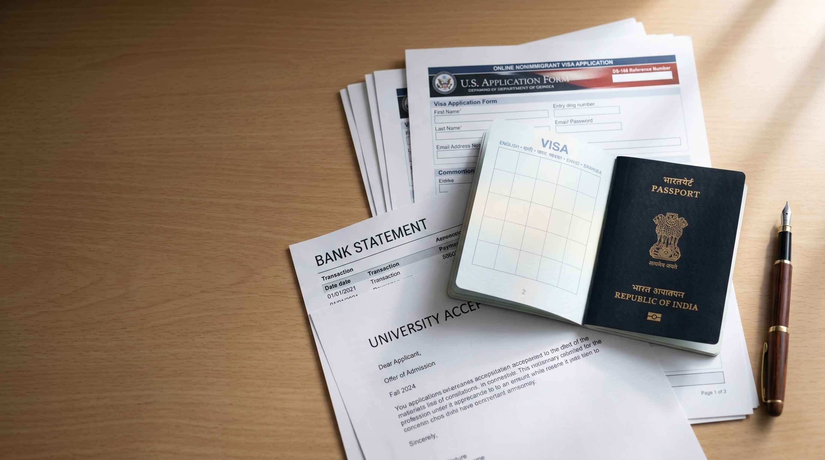 Close-up of a passport, visa application forms, and supporting documents on a desk being reviewed