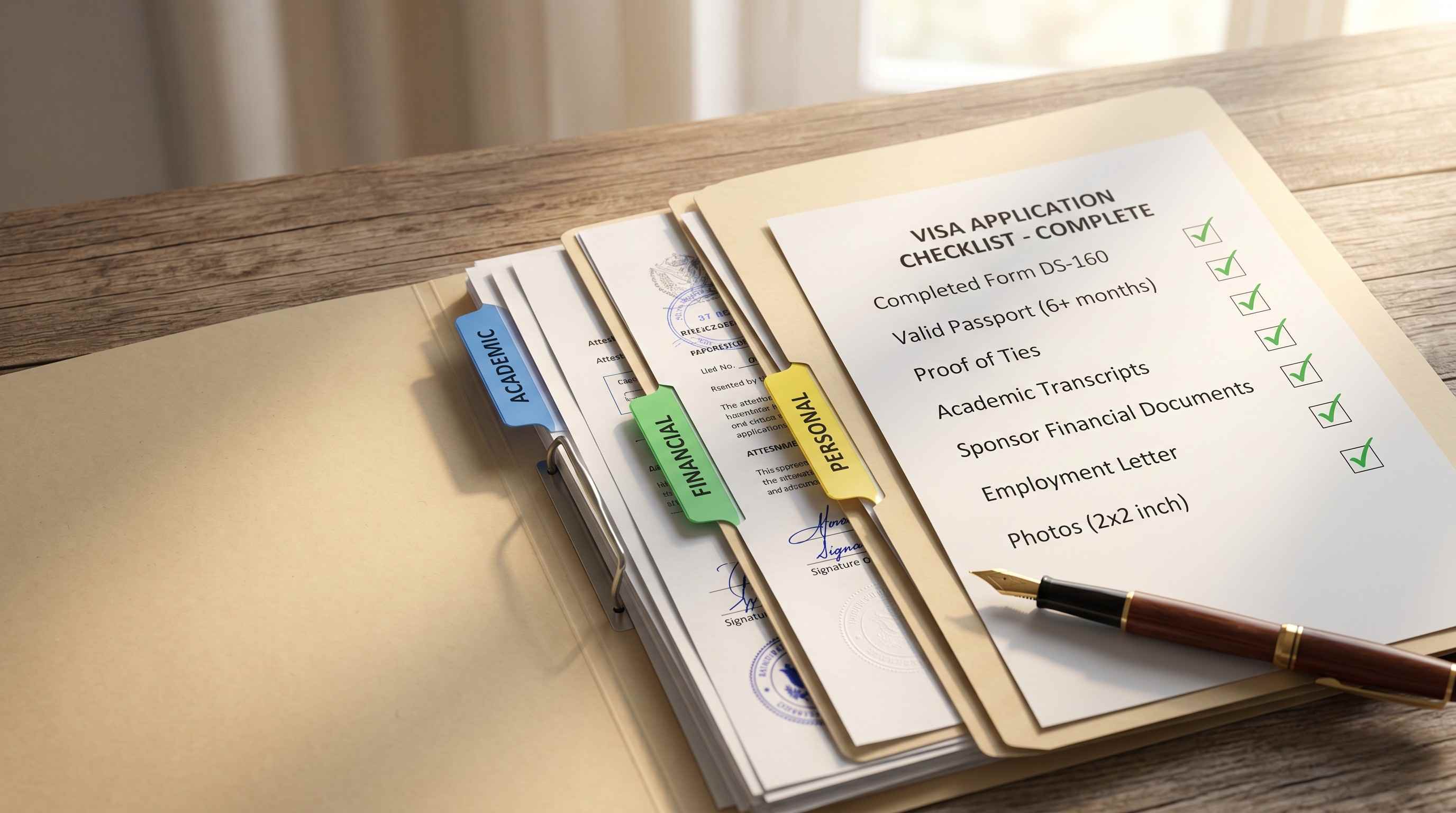 A neatly organised submission-ready visa file with tabbed sections, cover letter, and attested documents arranged in order
