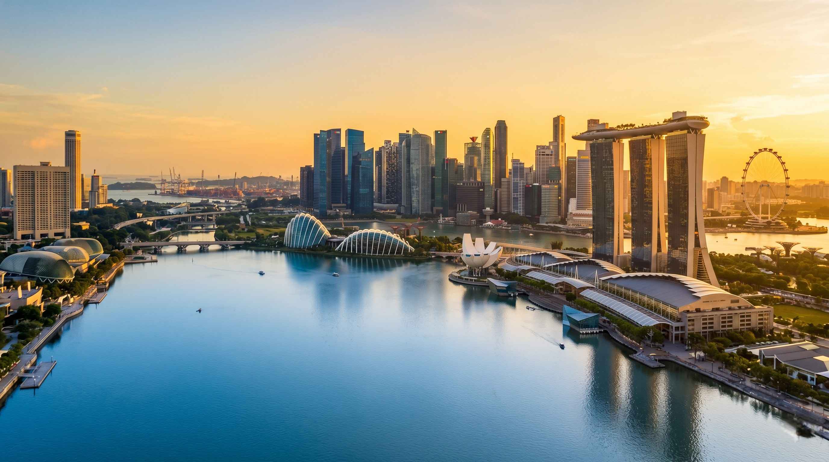 Aerial view of Singapore Marina Bay skyline at sunset with university campus visible