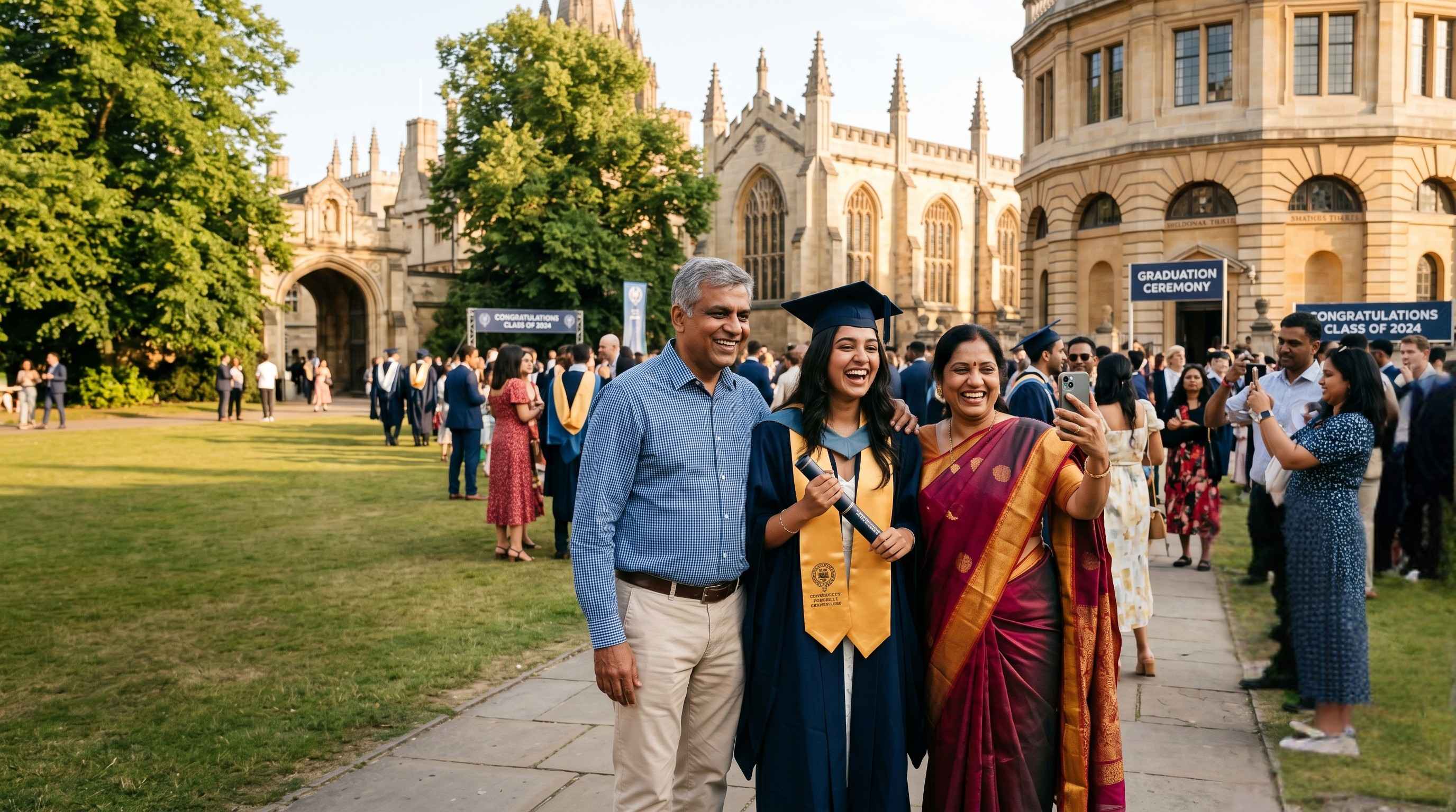 Happy Indian graduate in cap and gown celebrating with family at an overseas university campus