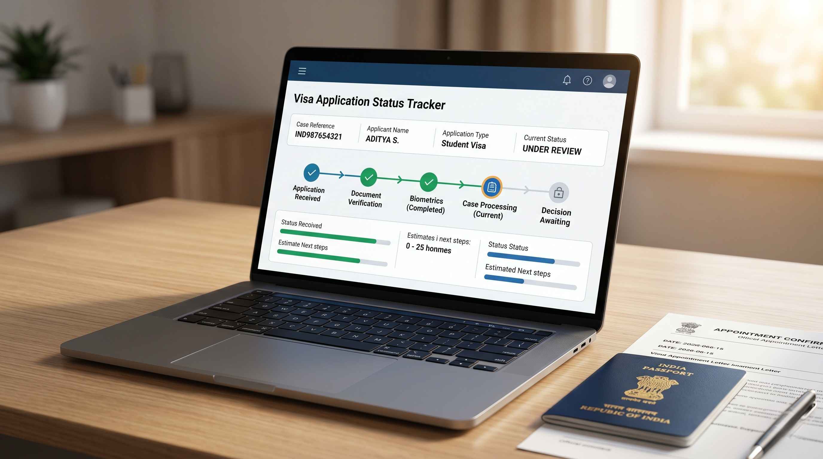 Application status tracker dashboard on a laptop screen, with a passport and appointment letter beside it on a desk