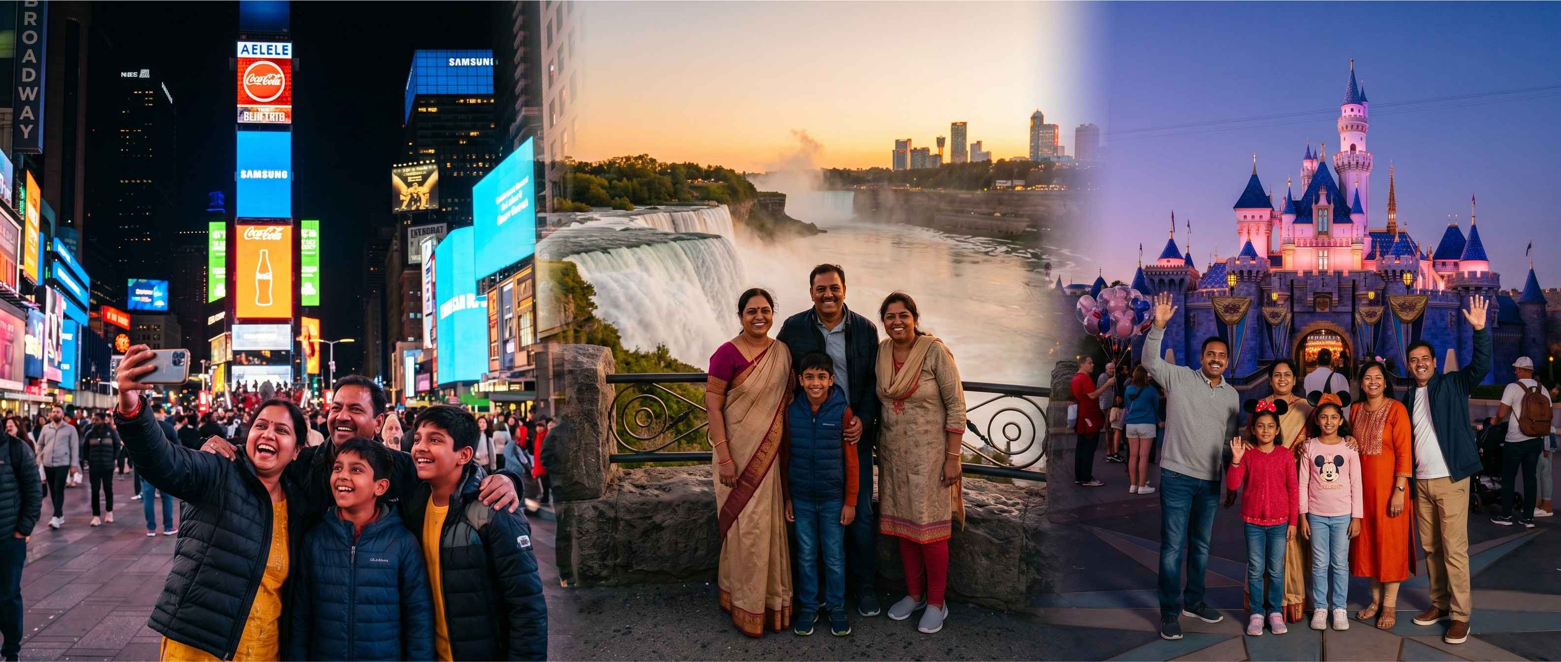 Happy Indian travellers enjoying their USA vacation - Times Square, Disneyland, Niagara Falls