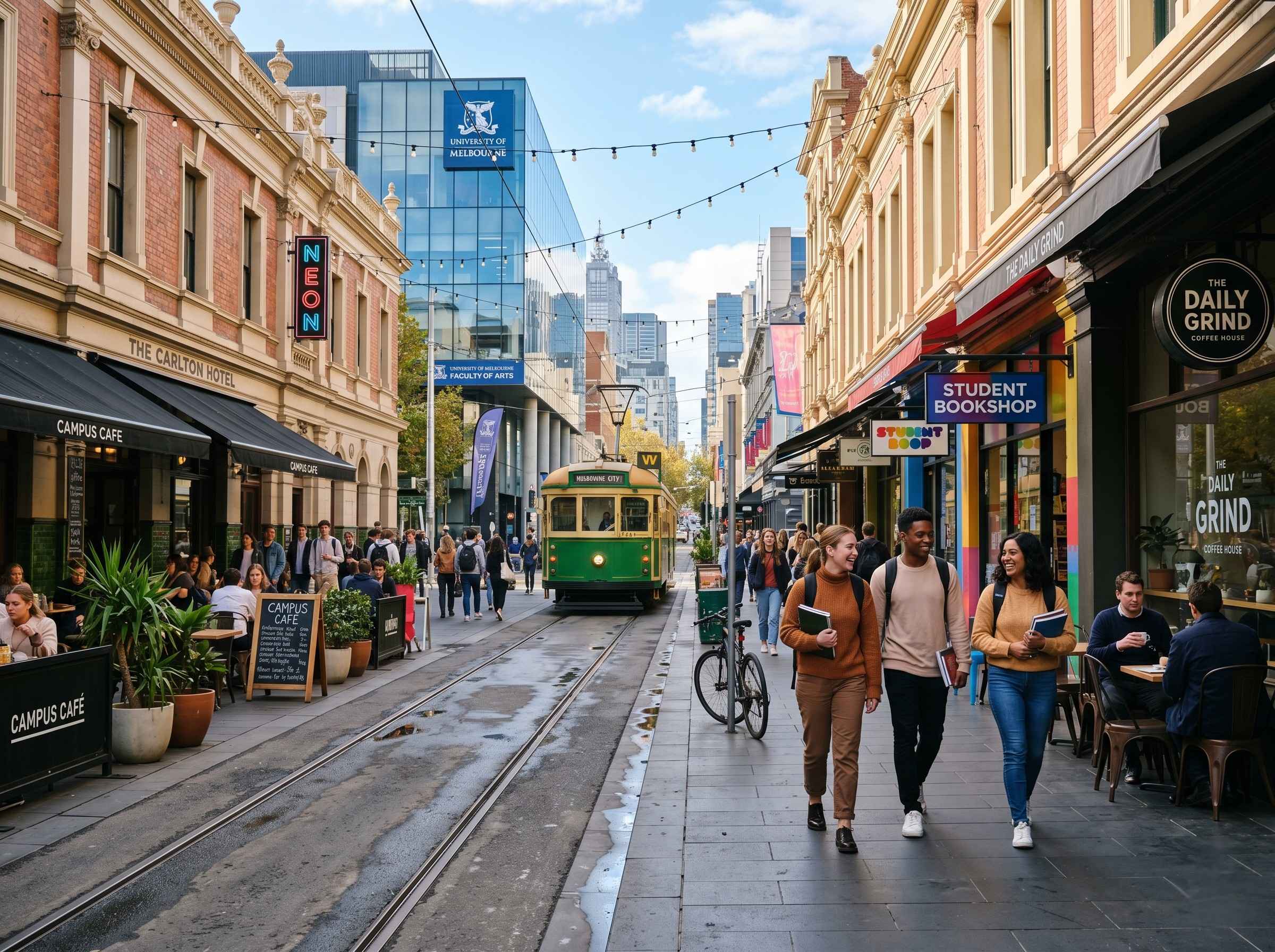 Vibrant Australian university city street with students walking past cafes in sunlight