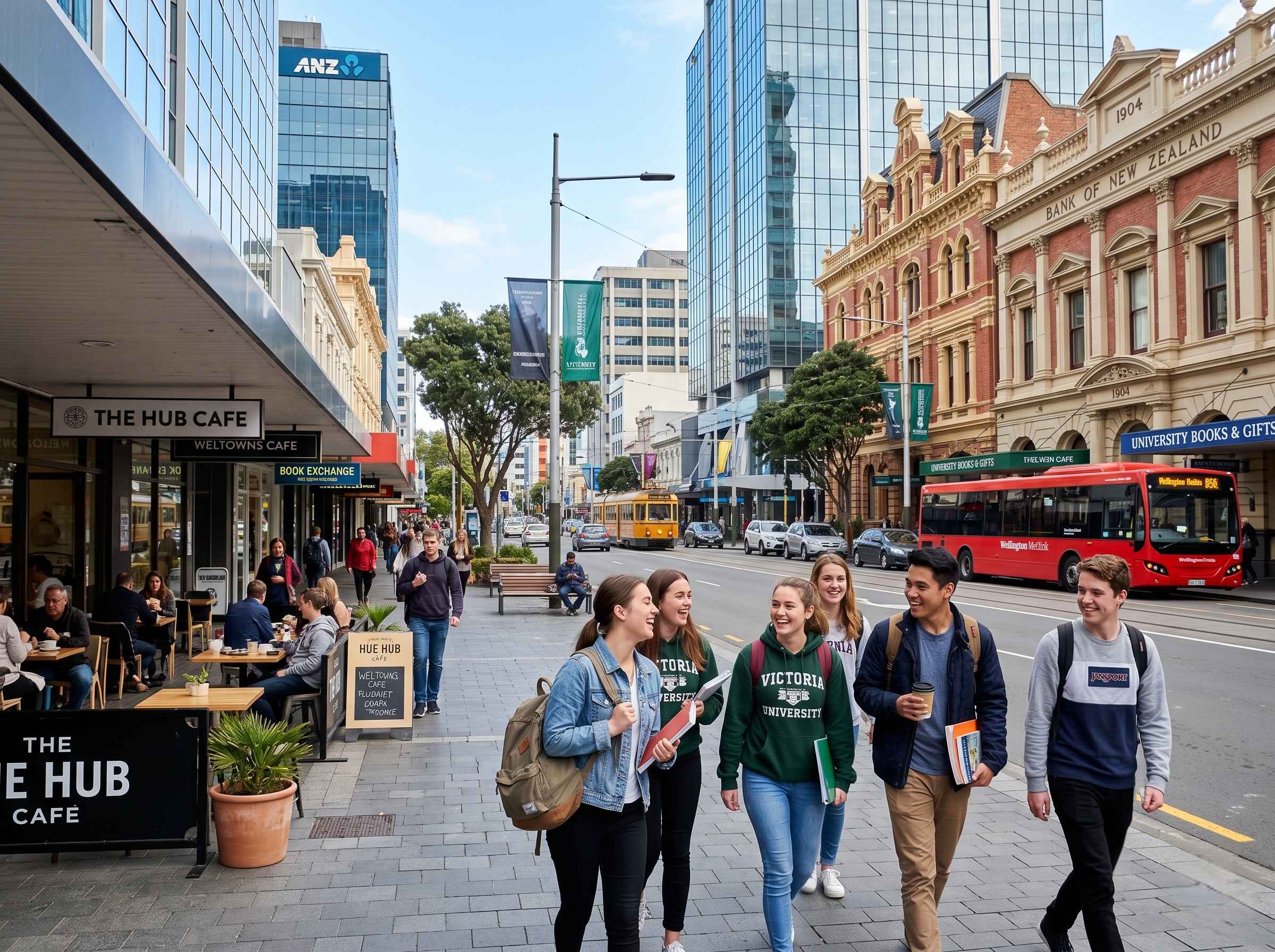 A New Zealand university city street with students walking past cafes and historic buildings