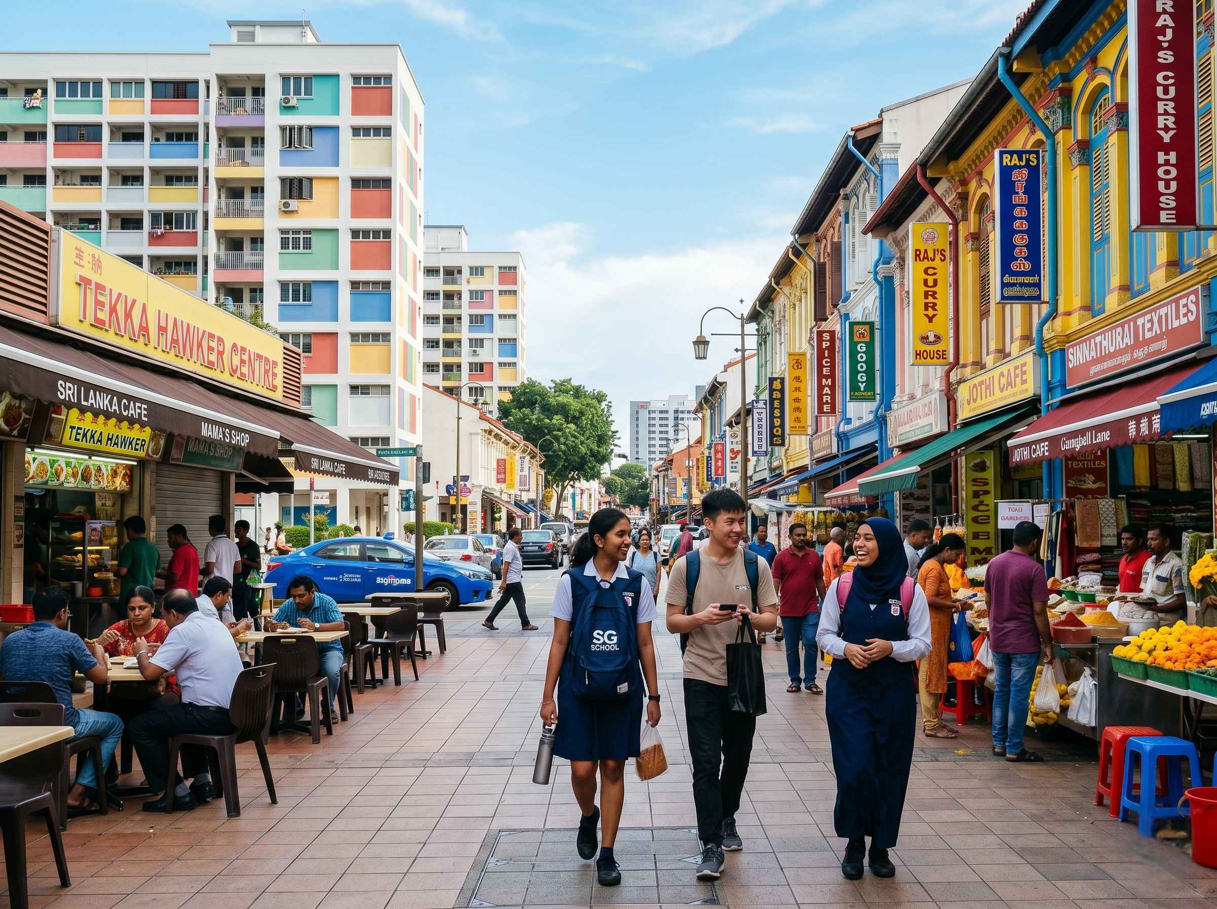 A vibrant Singapore street with students near modern buildings and the city skyline