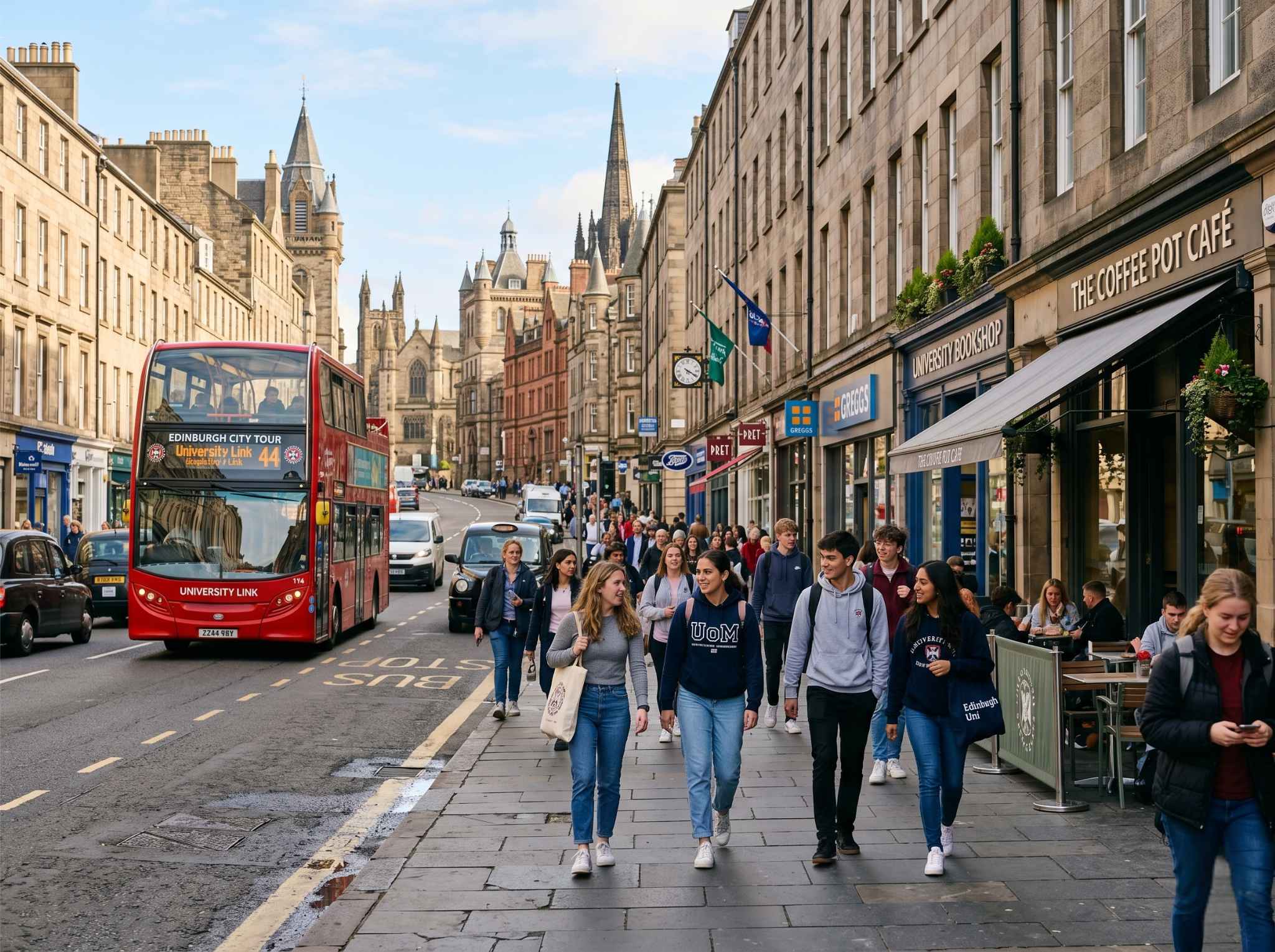 A lively UK university city street with students