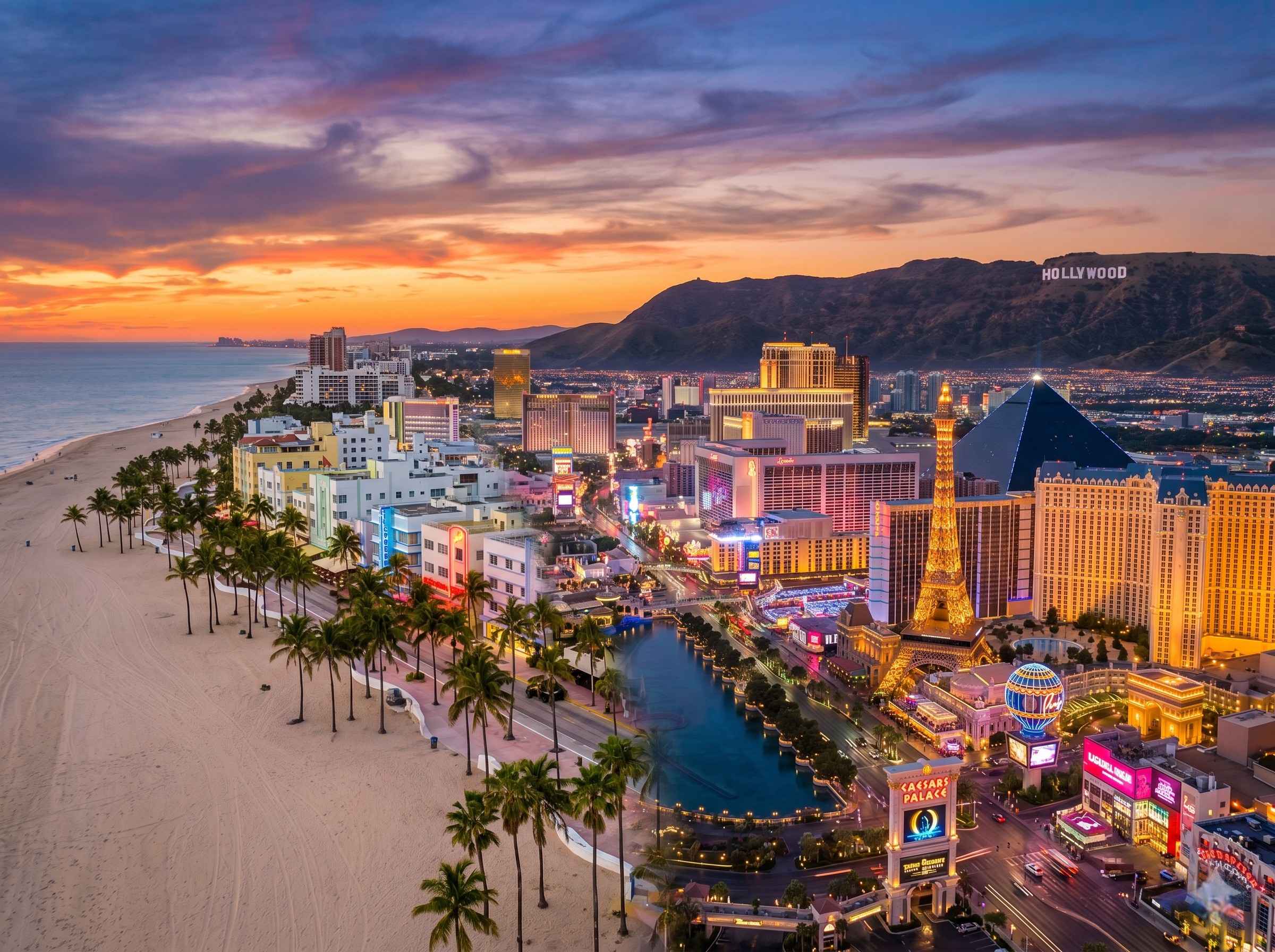 Iconic US destinations - Las Vegas Strip, Miami Beach, San Francisco Golden Gate