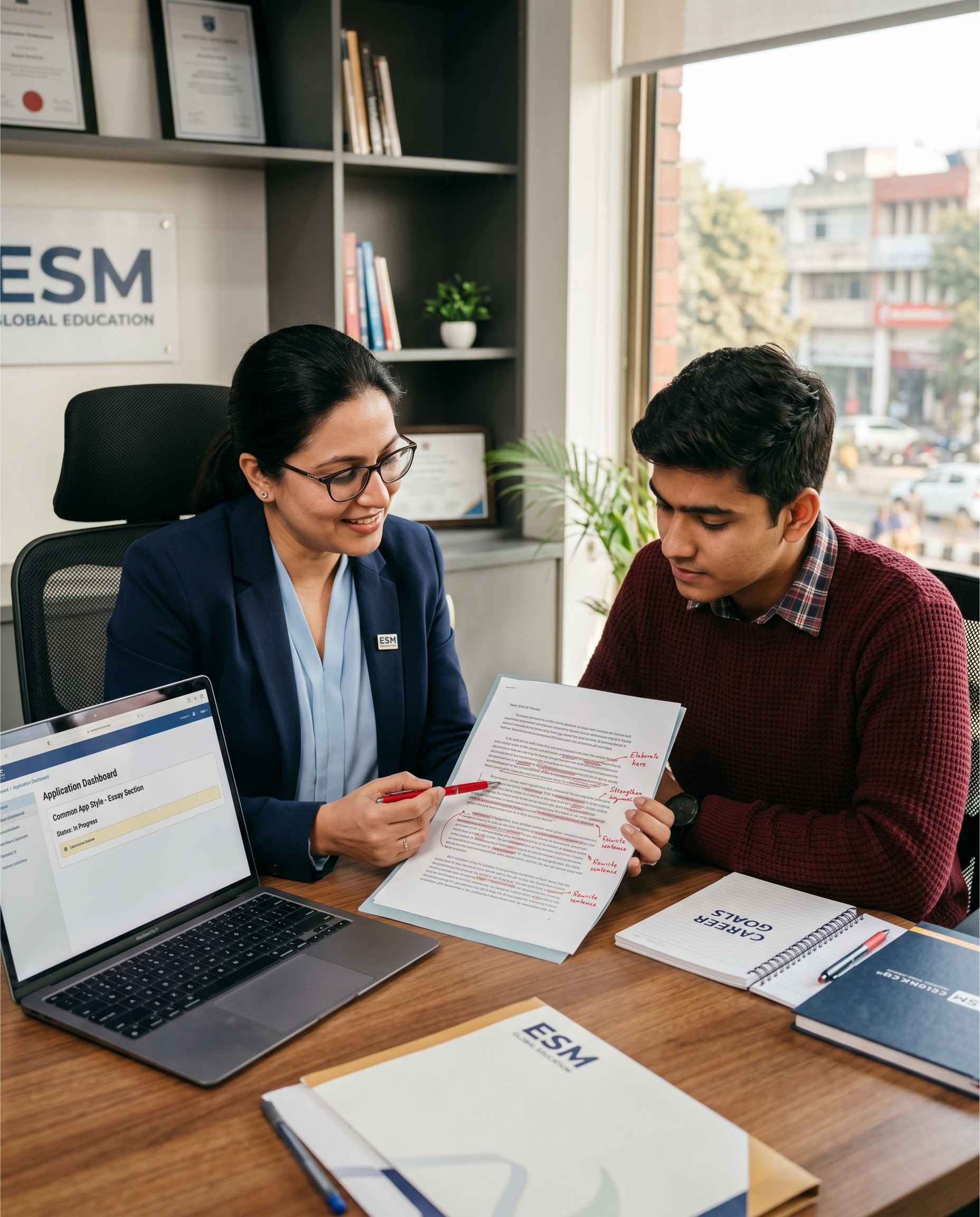 ESM application counsellor reviewing a printed SOP draft with an Indian student at the Chandigarh office, laptop open showing Common App or UCAS portal