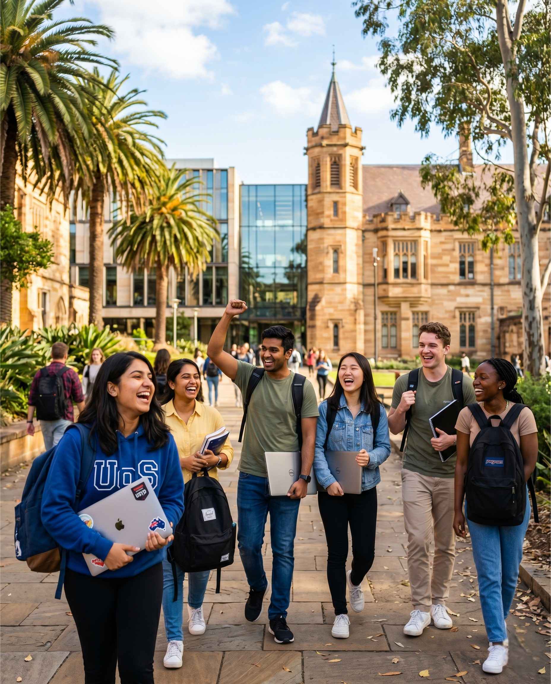 Indian and international students celebrating on a sunny Australian university campus with iconic architecture