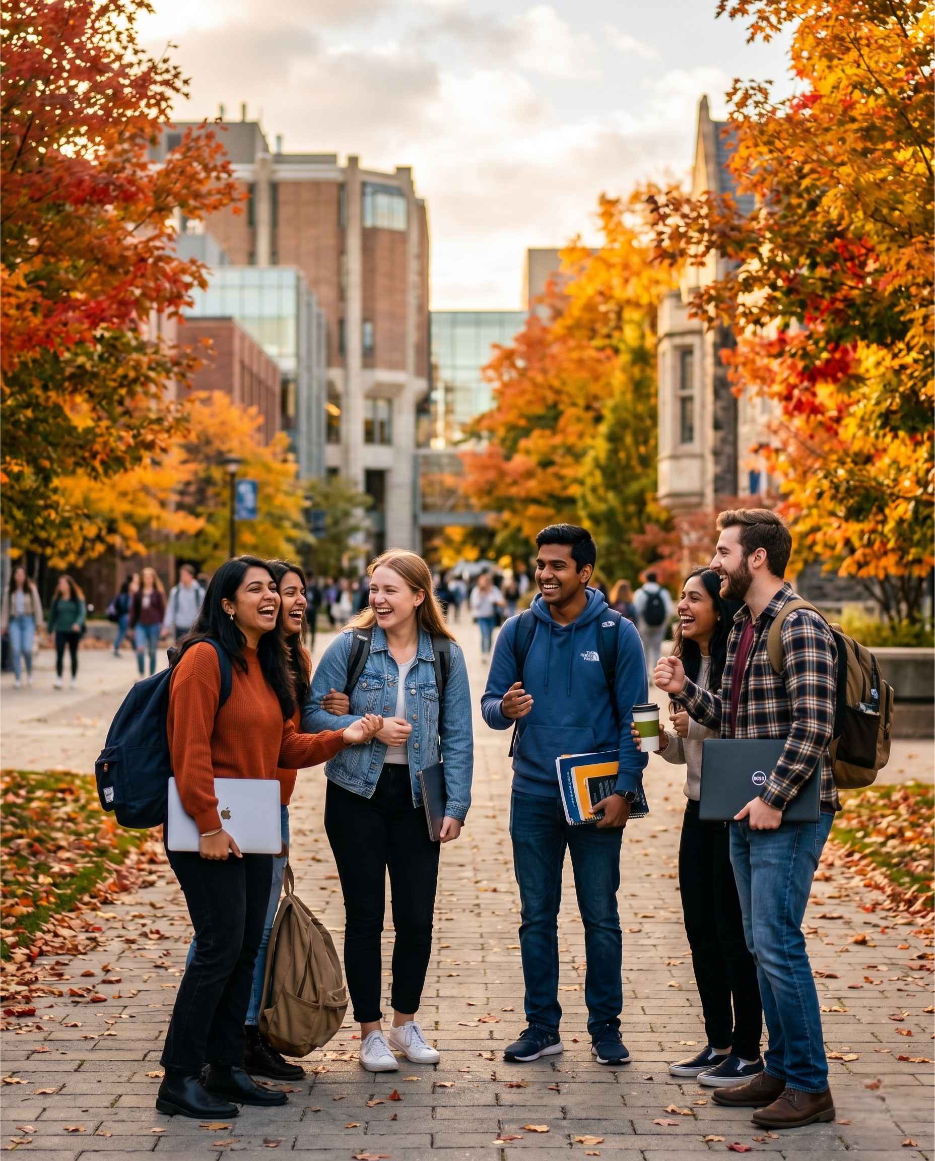 Indian students celebrating on a Canadian university campus with autumn maple trees and modern architecture
