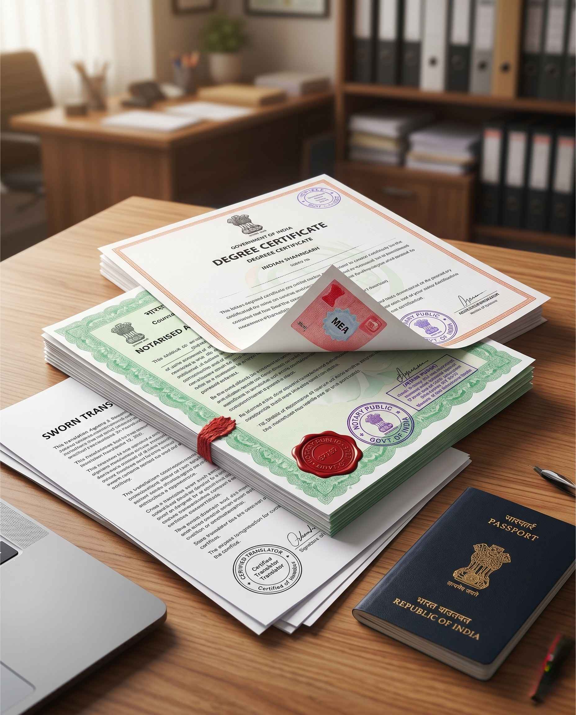 Stack of attested documents with Apostille stamps, notarised affidavits, and translated transcripts on an ESM office desk