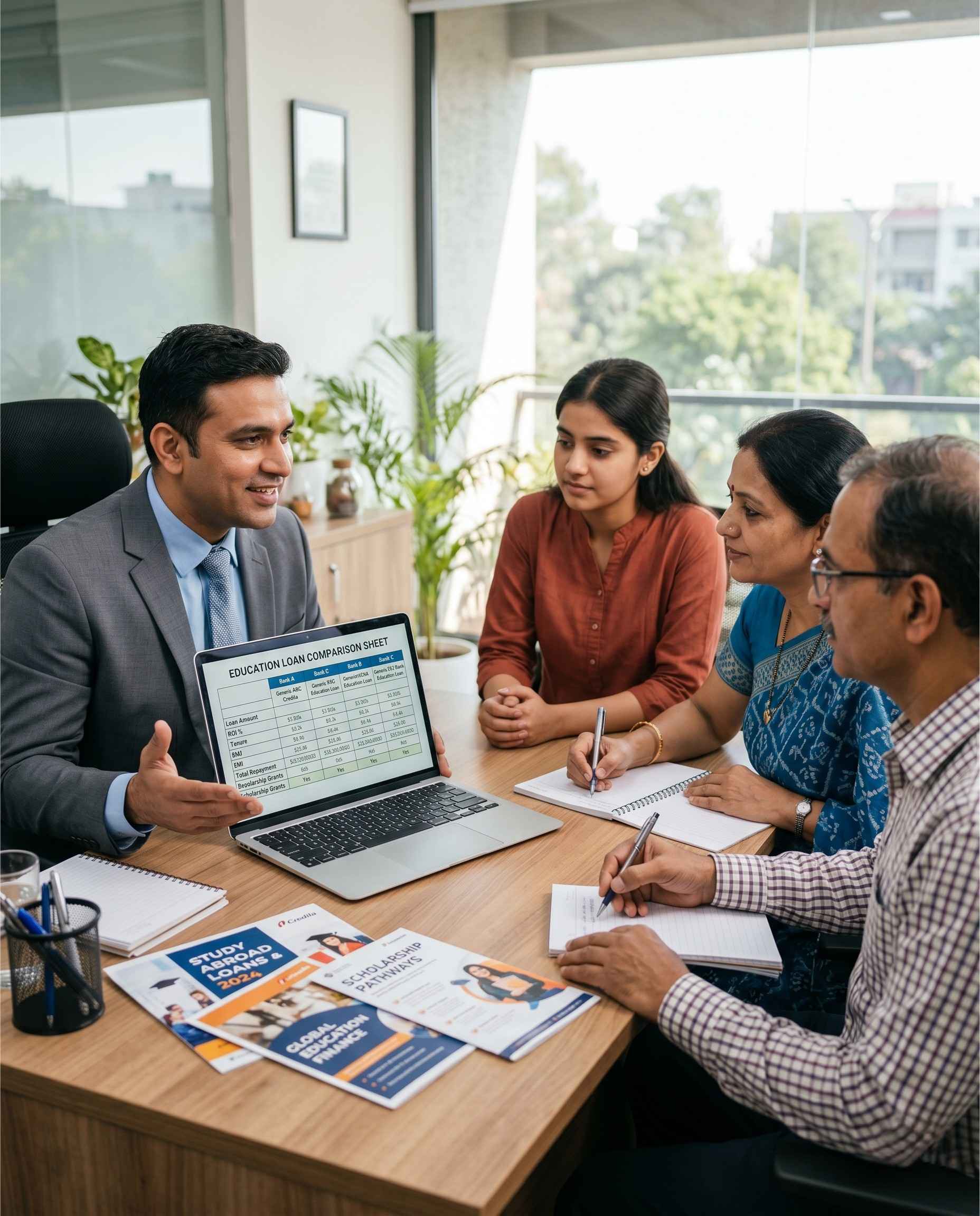 ESM financial planning counsellor explaining education loan options to an Indian family using a laptop and printed loan comparison chart