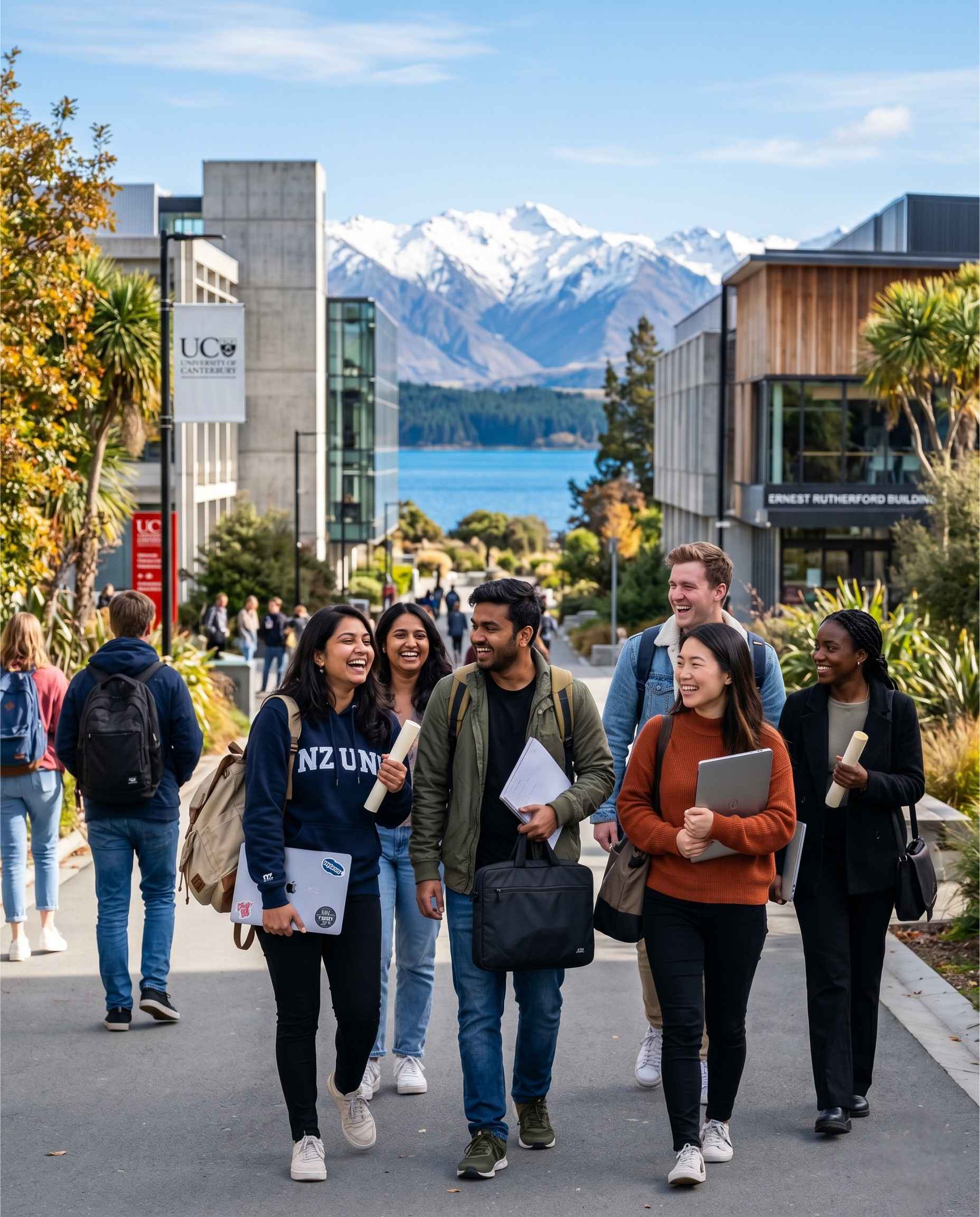 Indian and international students on a New Zealand university campus with mountains and natural scenery in the background