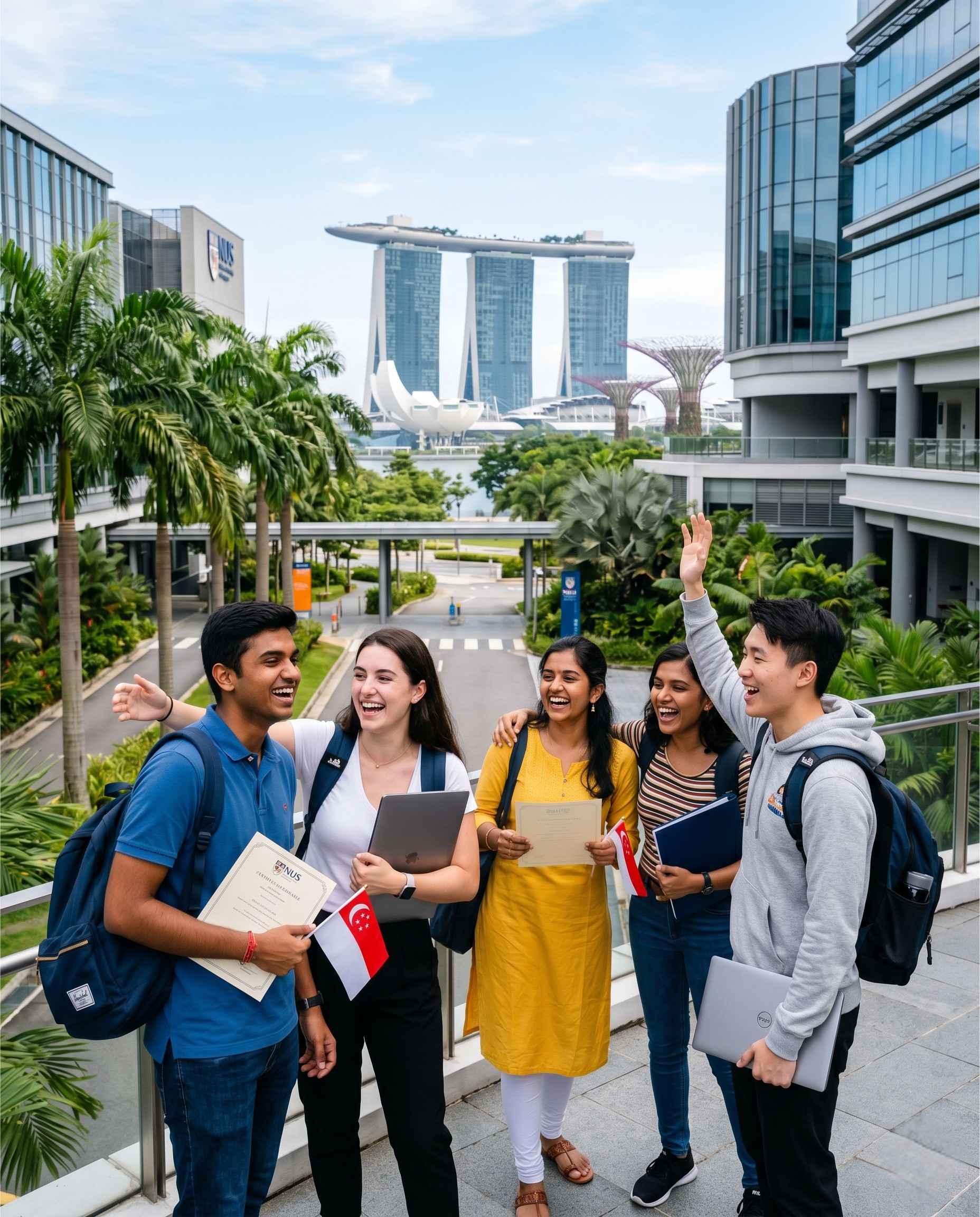 Indian and international students on a Singapore university campus with Marina Bay skyline in the background