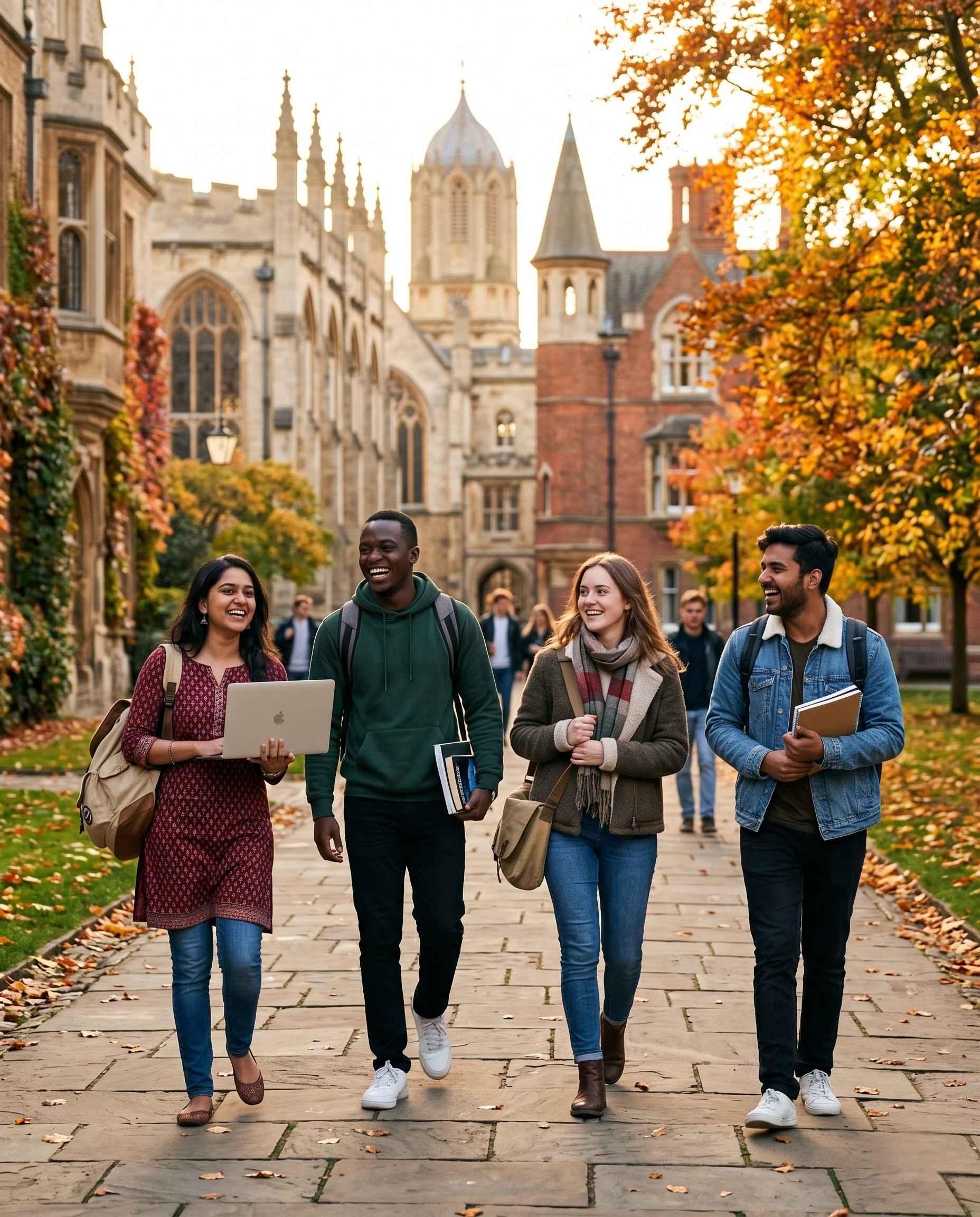 Indian students on a UK university campus with iconic British architecture