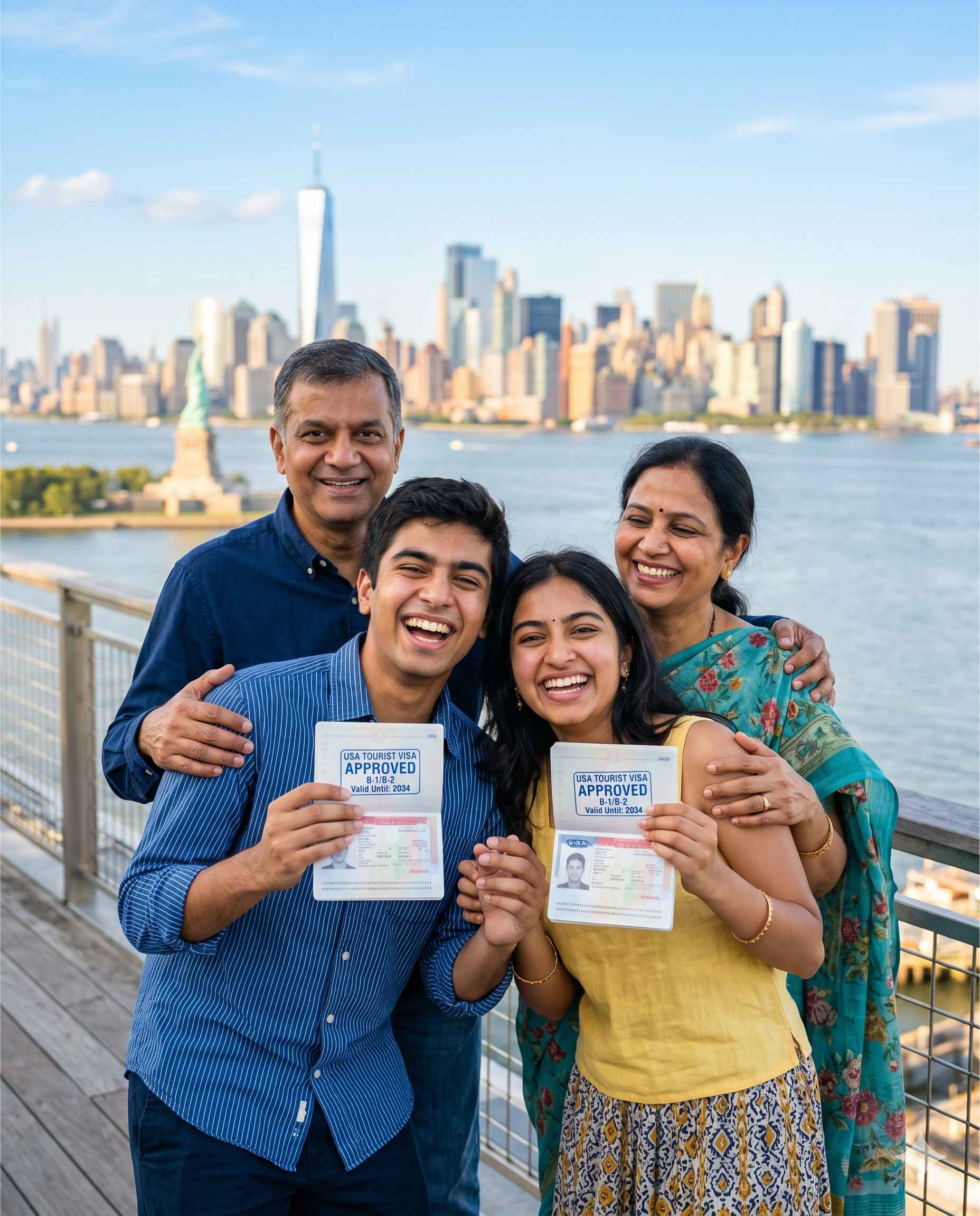 Happy Indian family with approved USA tourist visa stamp, New York City Statue of Liberty backdrop