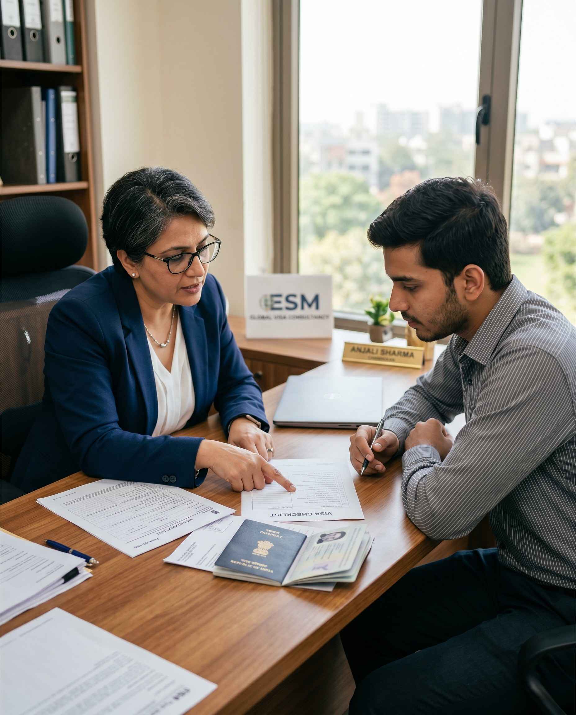 ESM visa counsellor reviewing passport, application papers, and a checklist with an Indian student at the Chandigarh office
