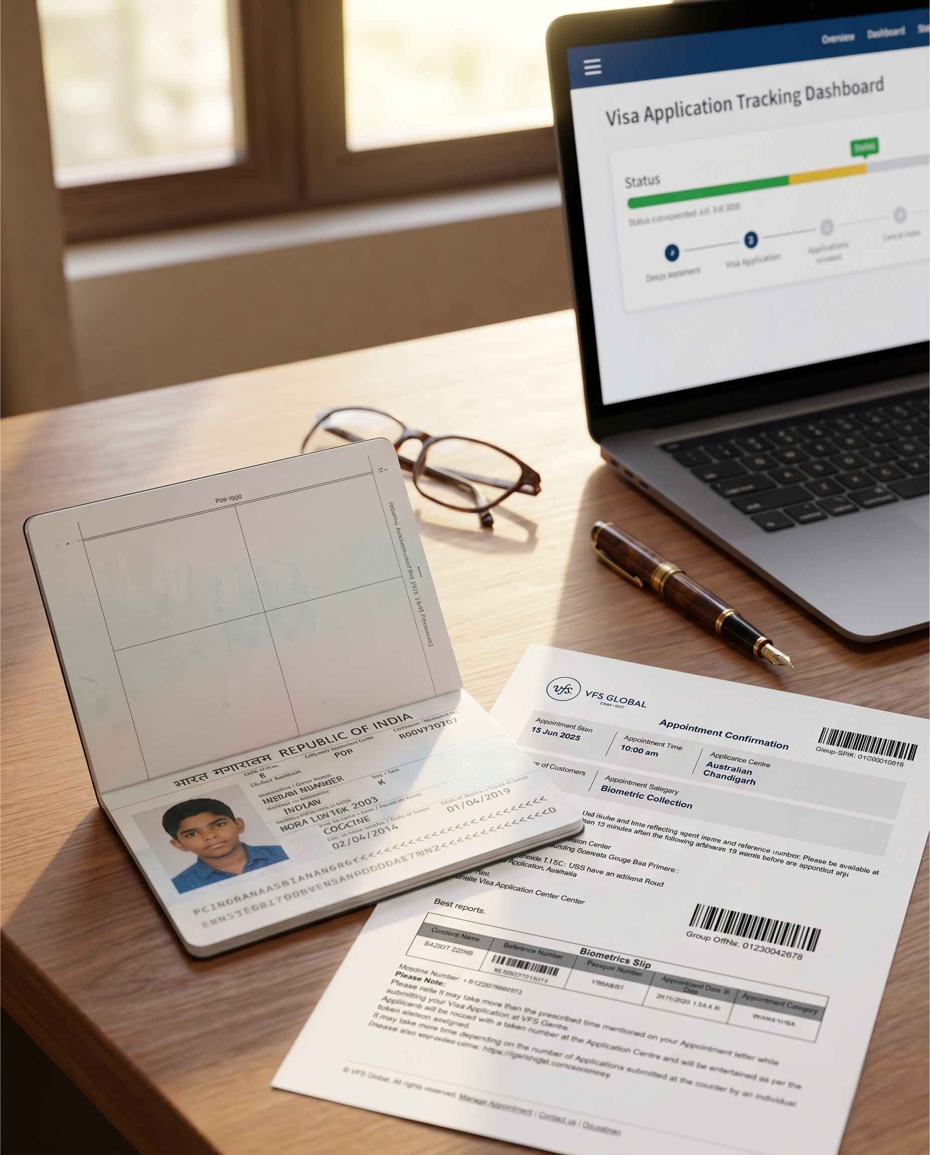 Indian passport with an open visa appointment confirmation on a laptop screen showing a VFS-style tracking interface