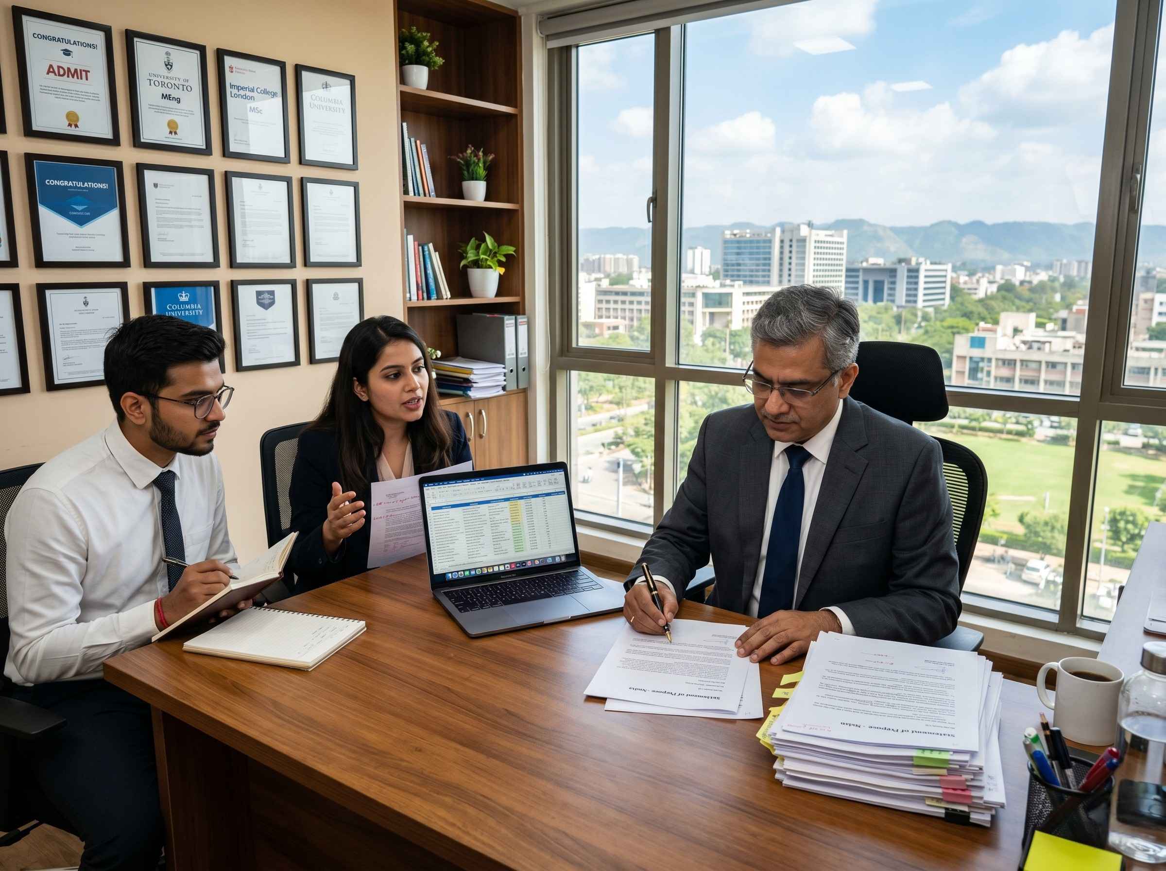 ESM senior counsellor reviewing course options with a student family in the Chandigarh office