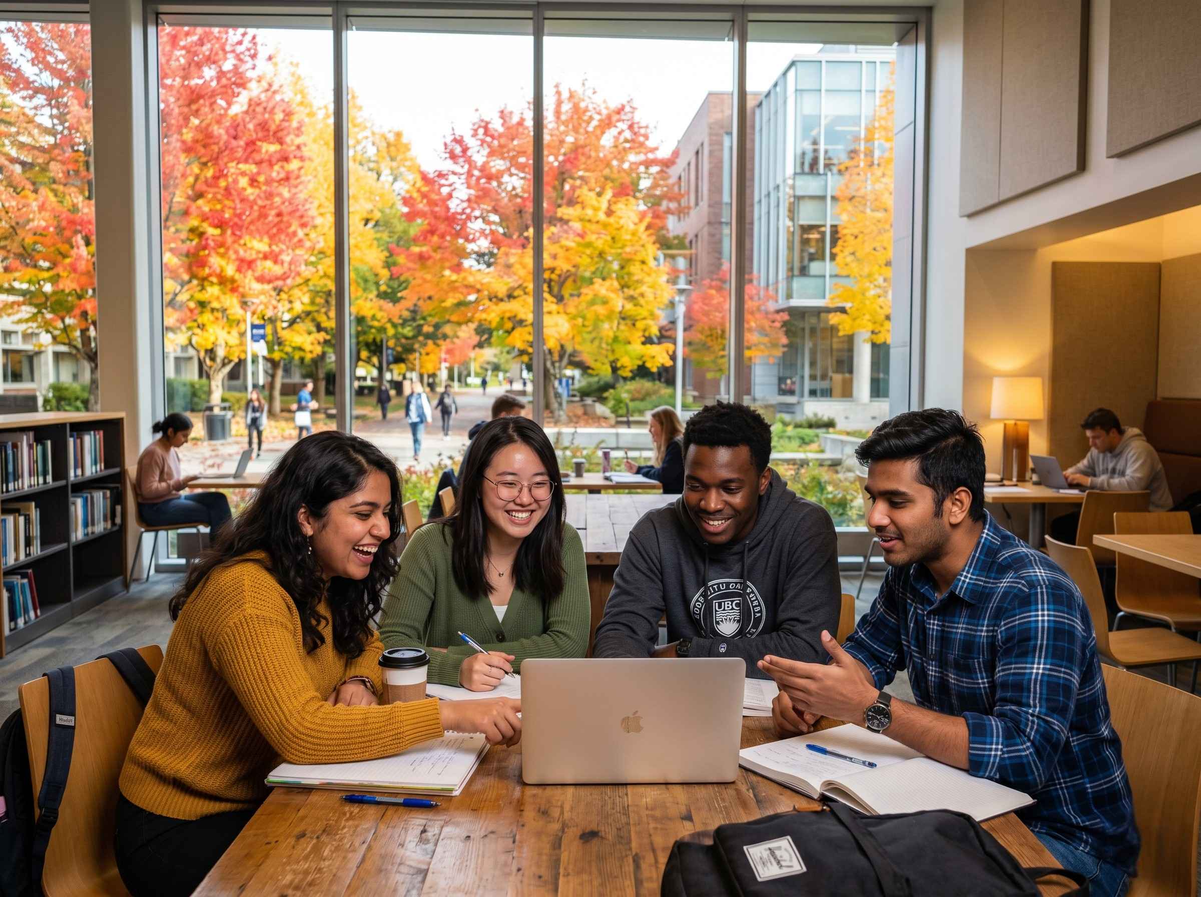 Diverse international students including Indian students on a Canadian campus in autumn