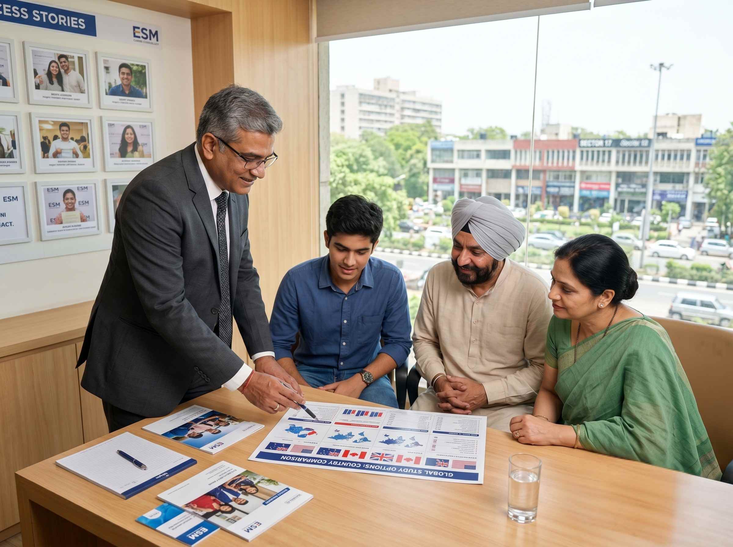 ESM senior counsellor reviewing course options with a student family in the Chandigarh office
