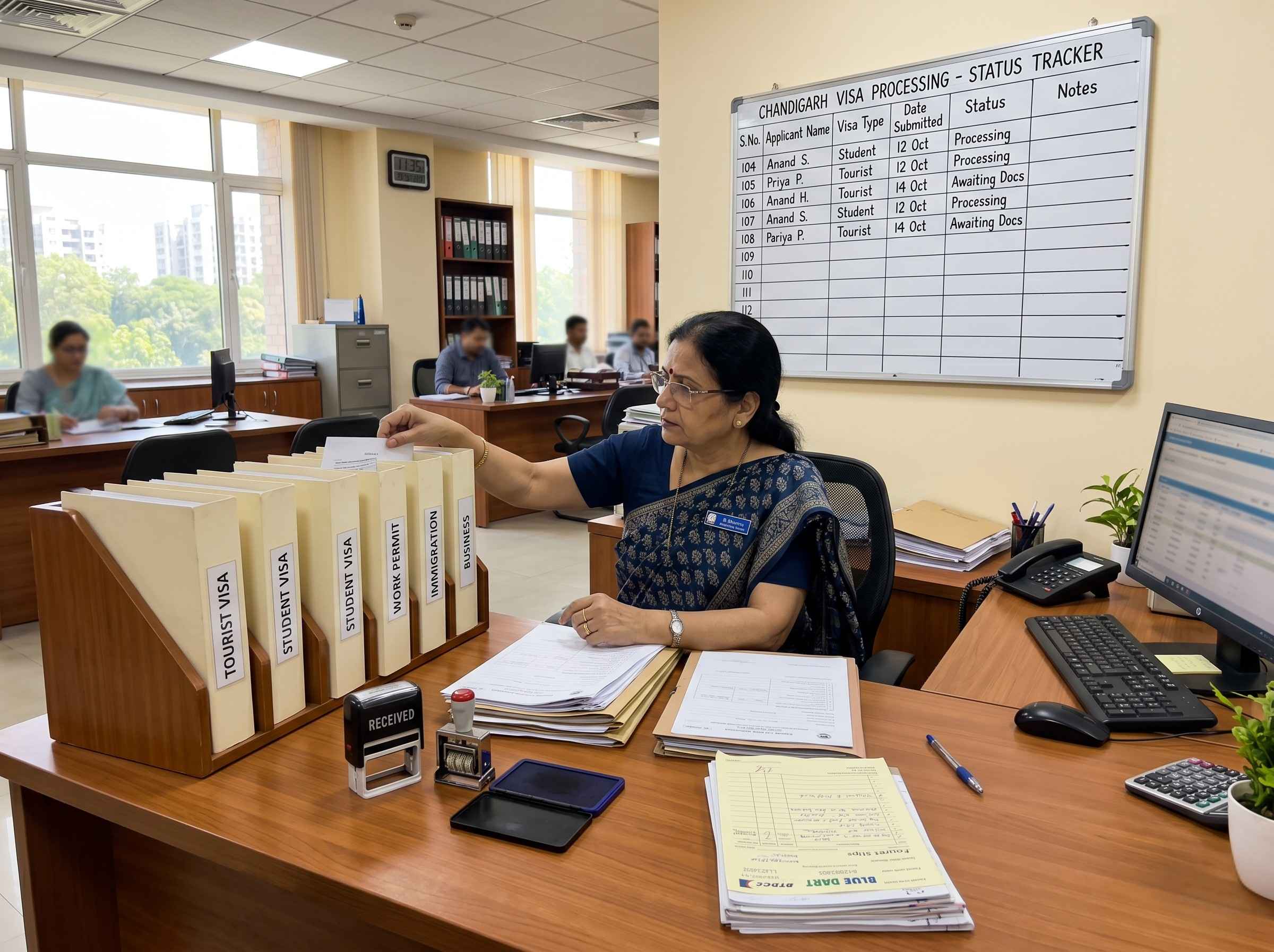 ESM senior counsellor reviewing course options with a student family in the Chandigarh office