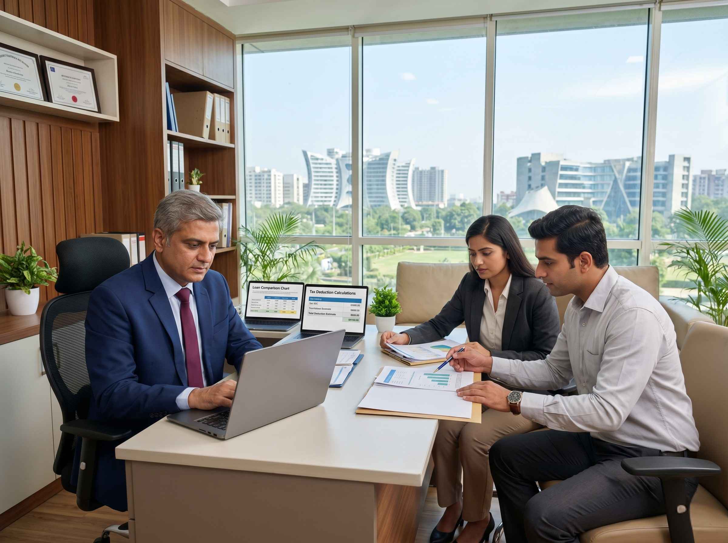 ESM senior counsellor reviewing course options with a student family in the Chandigarh office