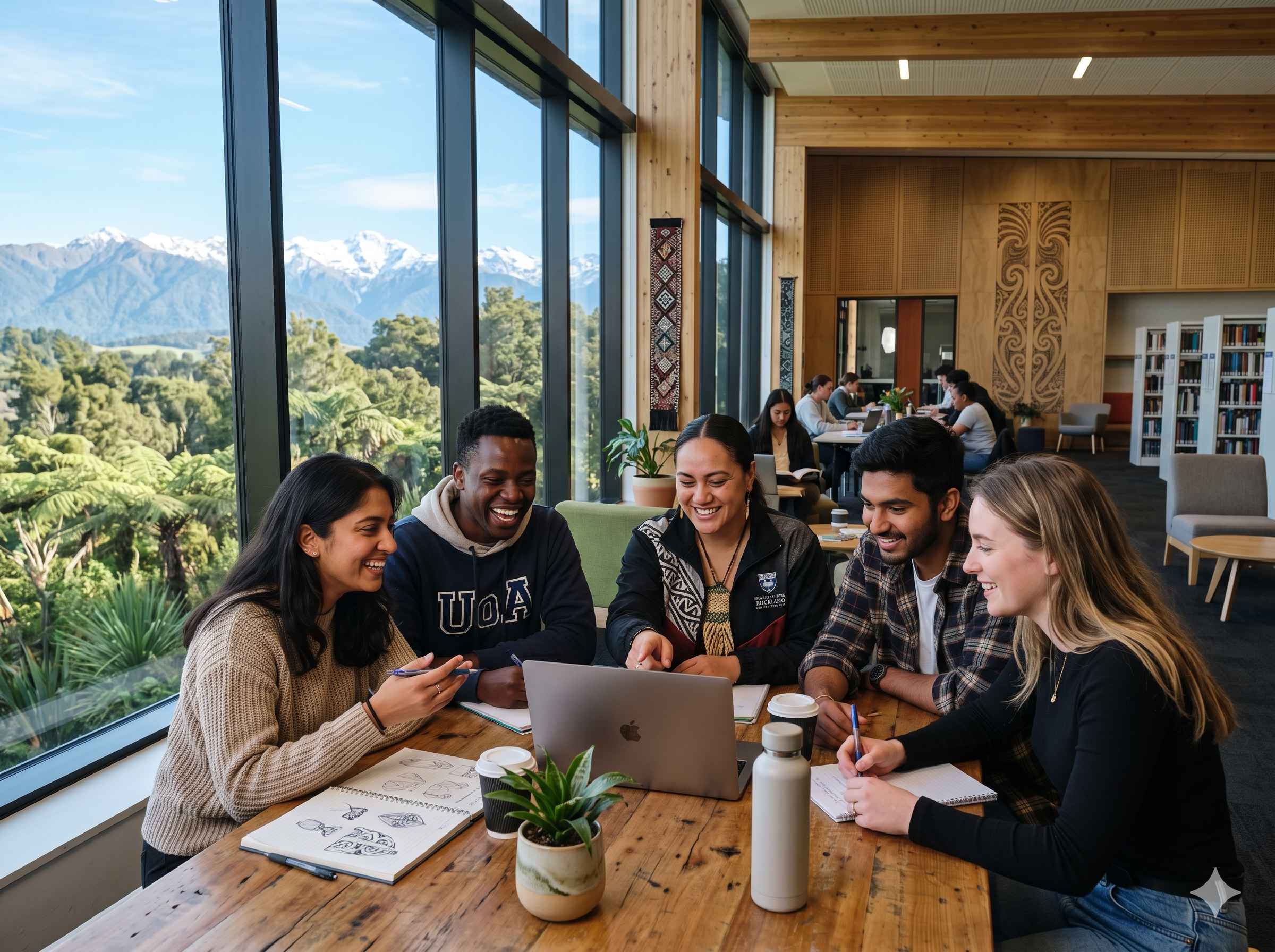 Diverse international students including Indian students collaborating on a New Zealand university campus