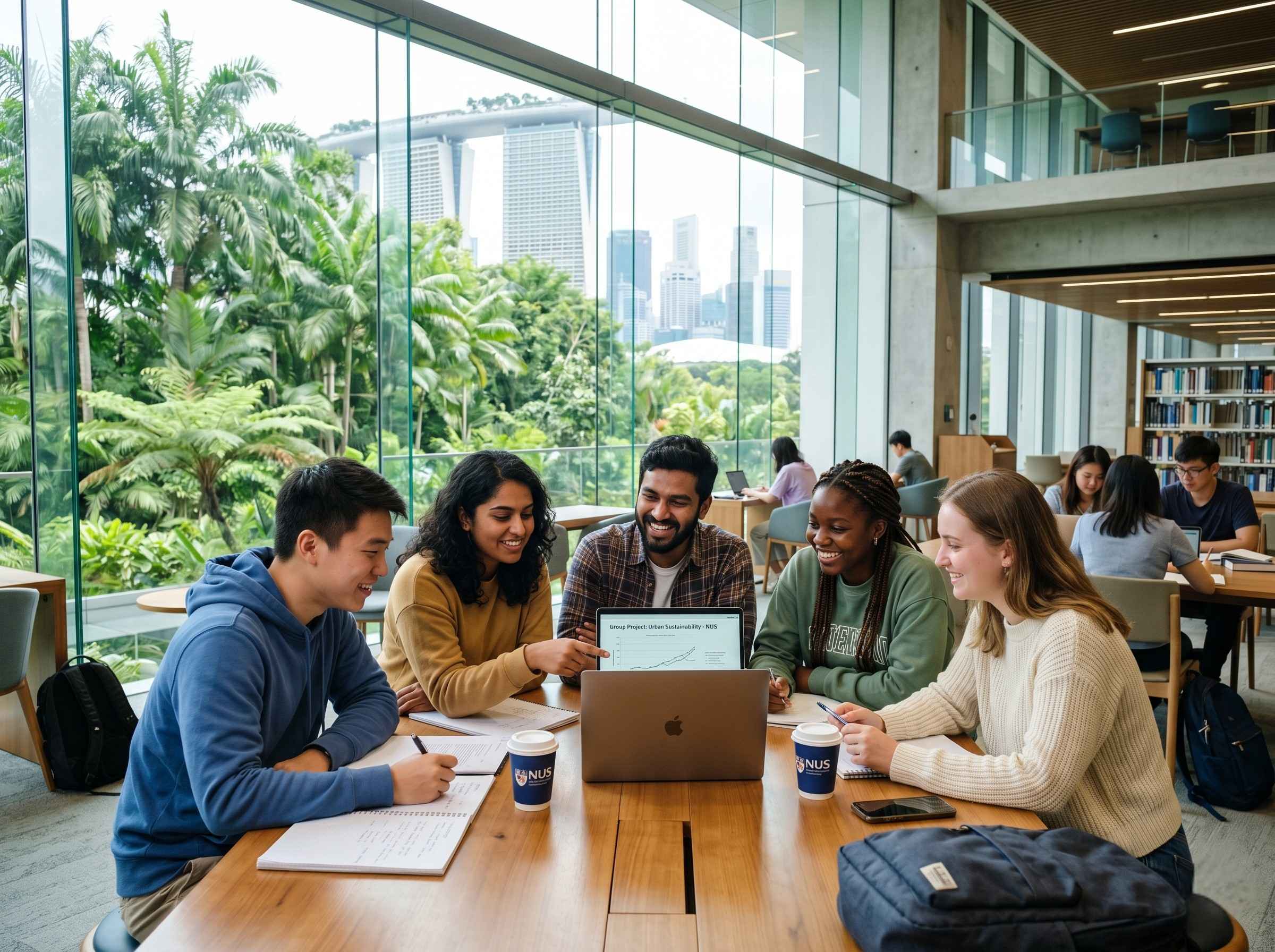 Diverse international students including Indian students collaborating on a modern Singapore university campus