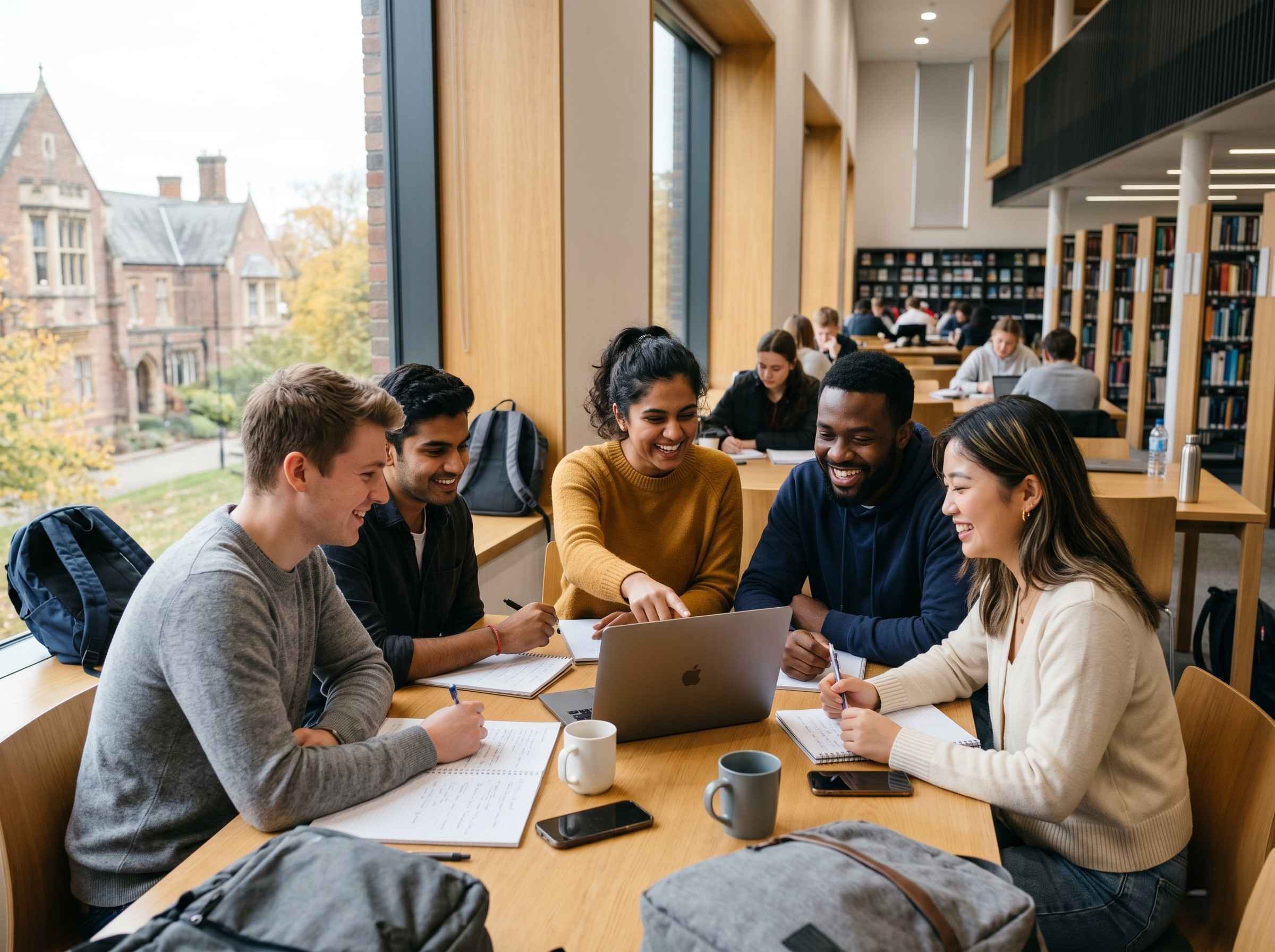 Diverse group of international students collaborating on a UK campus
