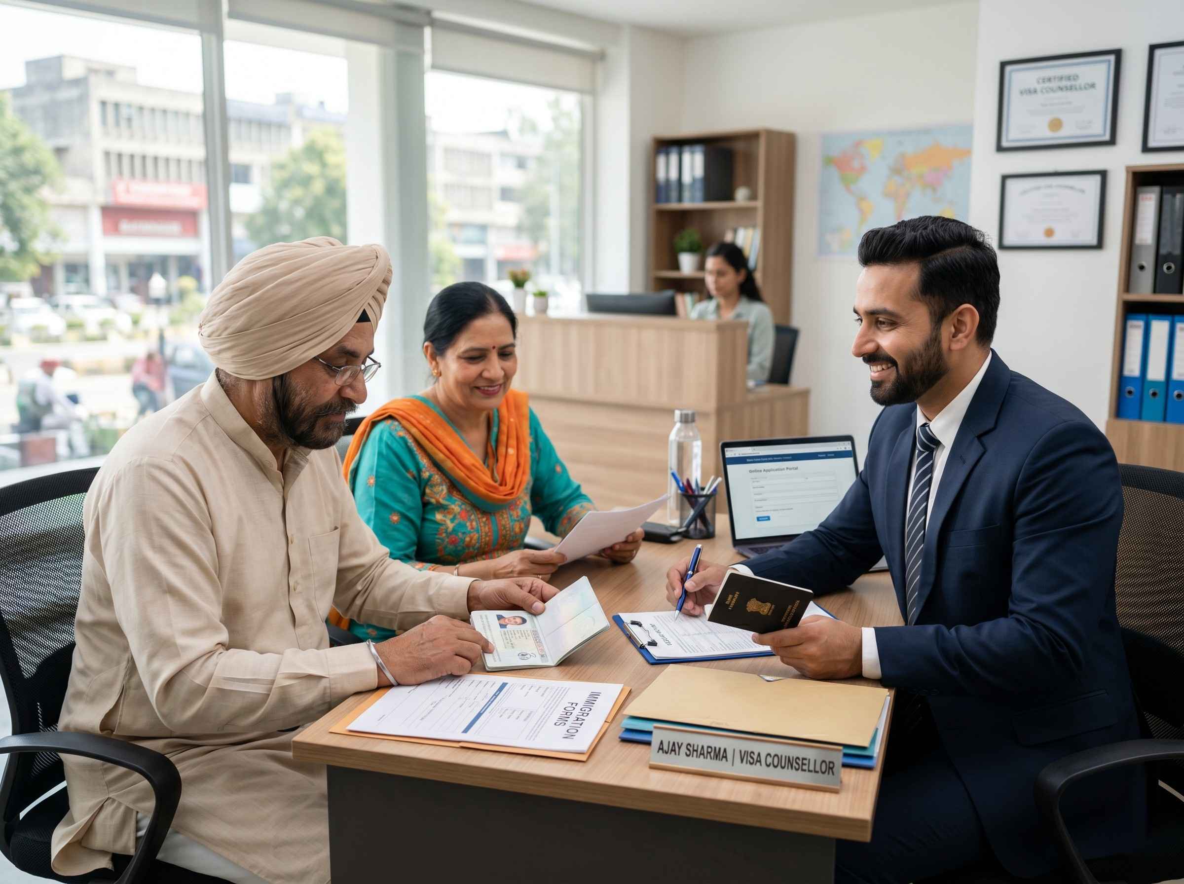 ESM Overseas counsellor helping a family with USA tourist visa documentation at the Chandigarh office