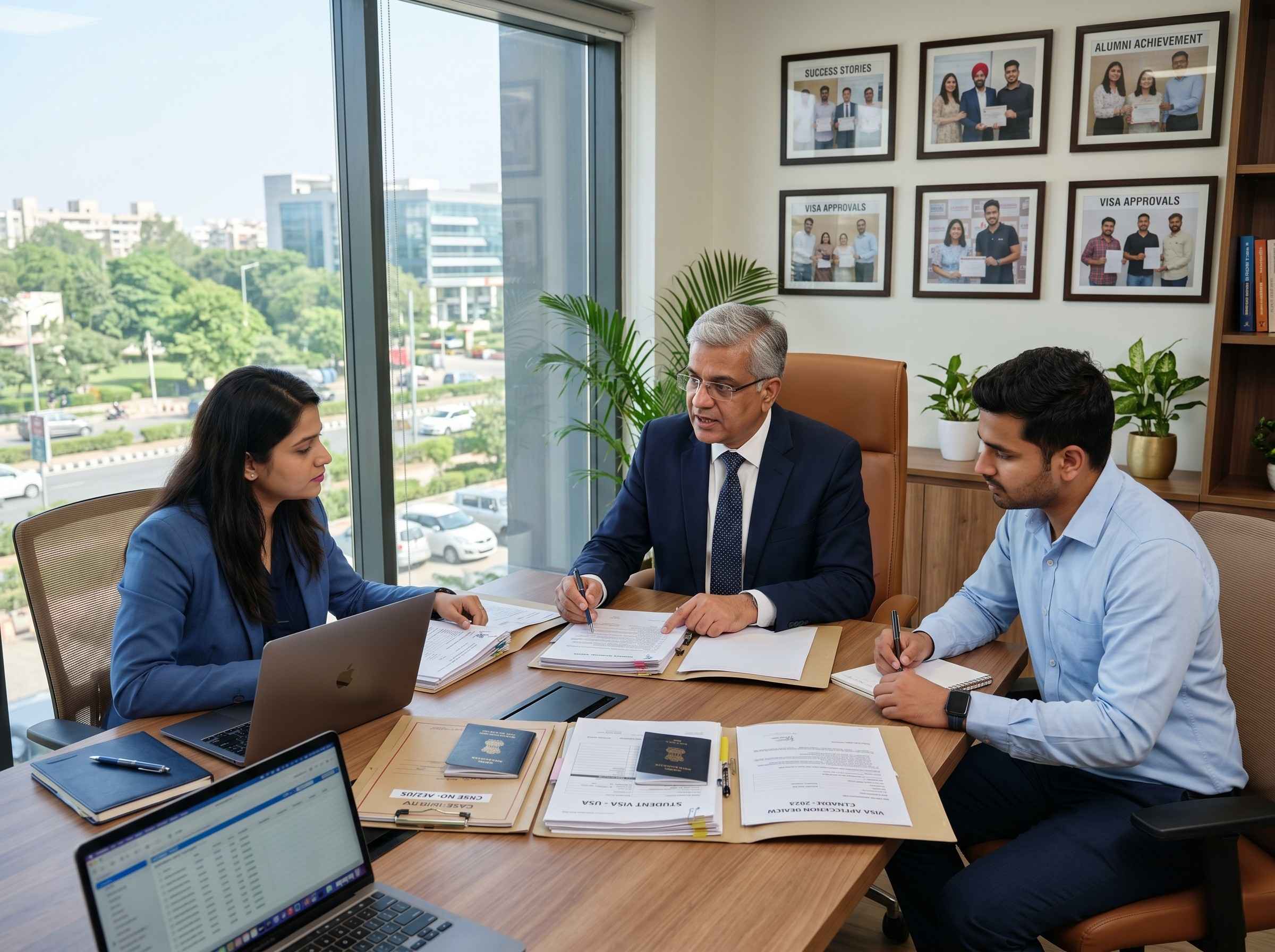 ESM senior counsellor reviewing course options with a student family in the Chandigarh office
